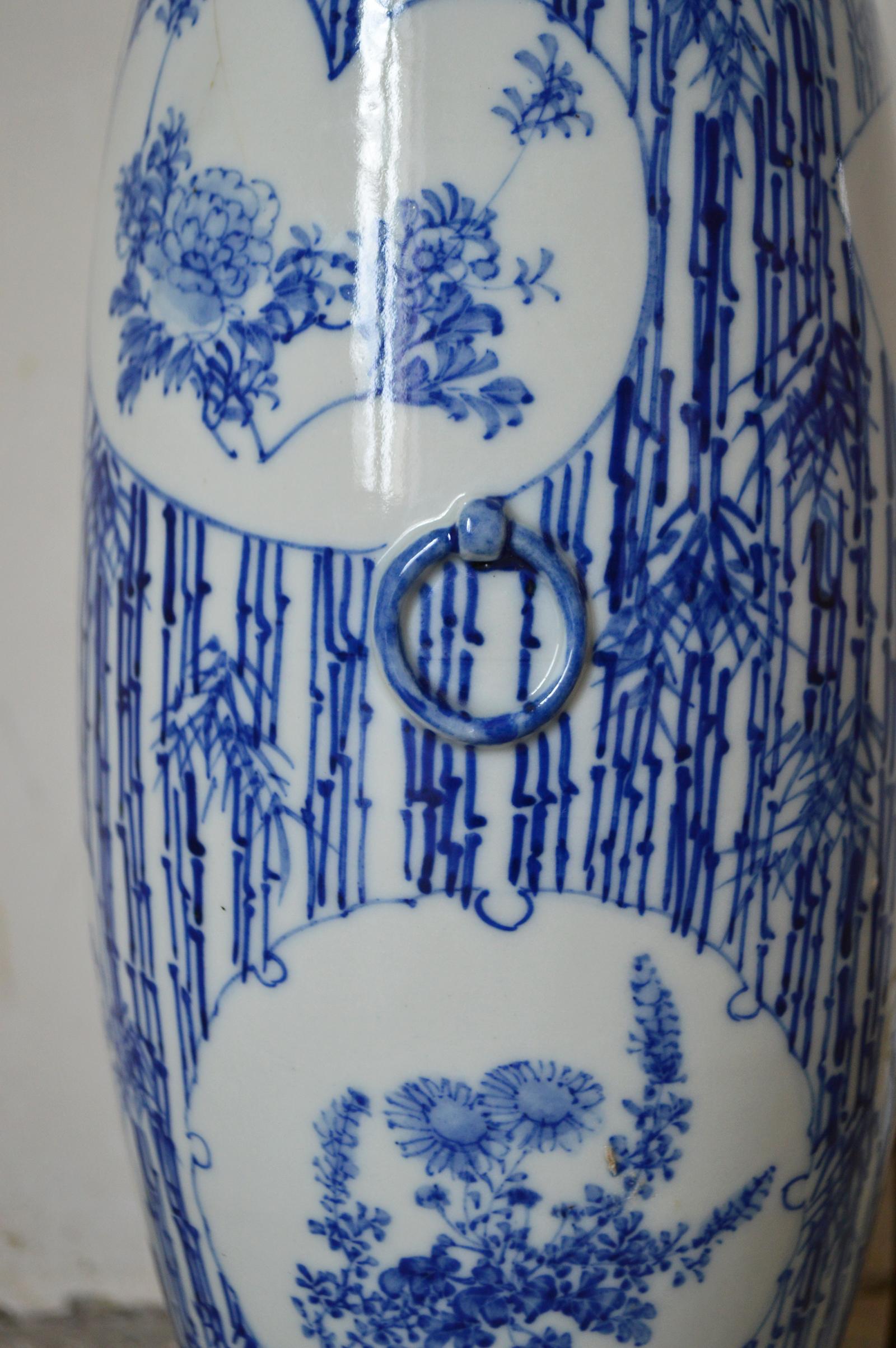 19th Century Antique Chinese Blue and White Porcelain Vase Mounted as Lamp, Floral Theme