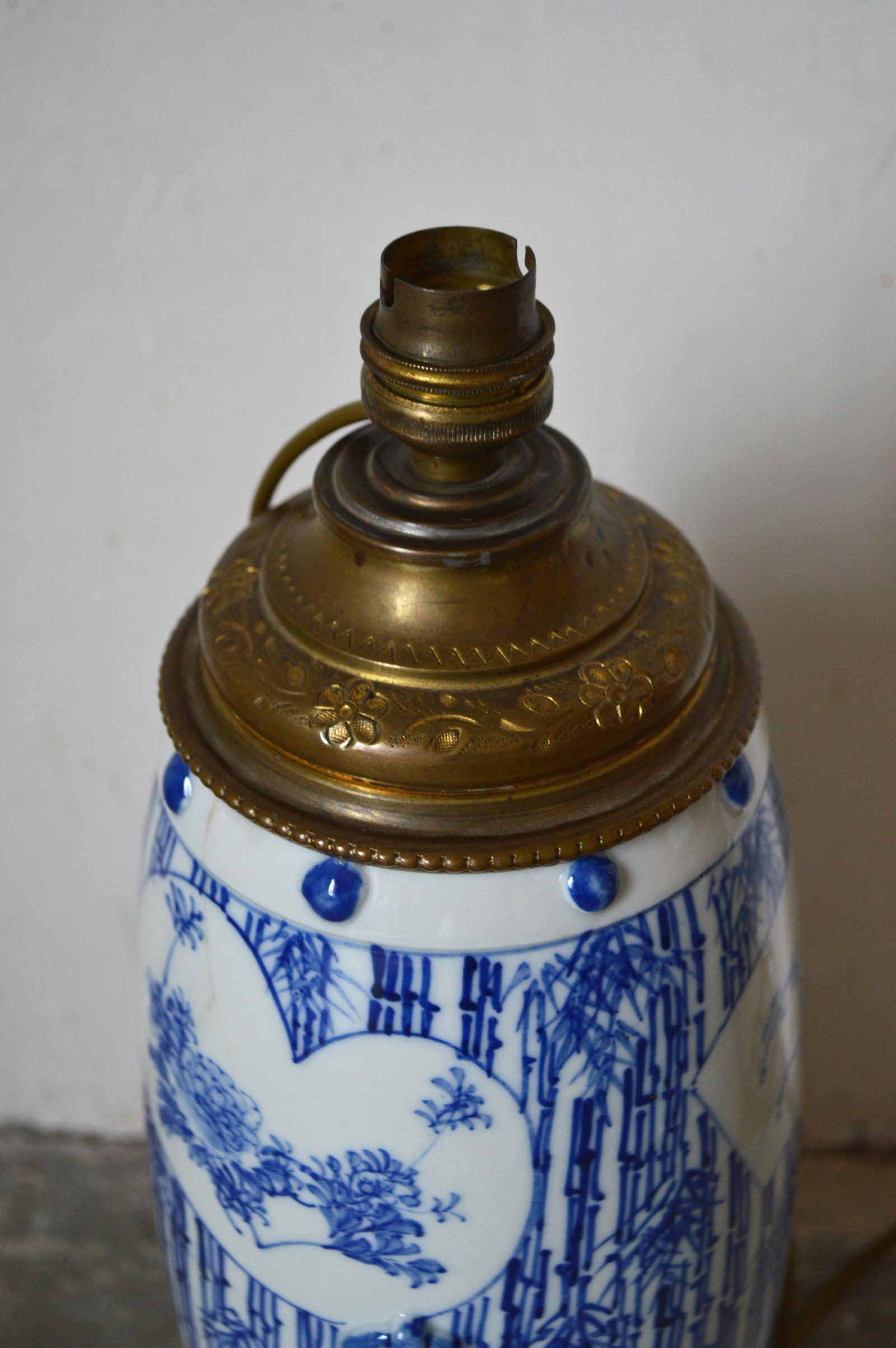 Brass Antique Chinese Blue and White Porcelain Vase Mounted as Lamp, Floral Theme