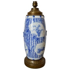 Antique Chinese Blue and White Porcelain Vase Mounted as Lamp, Floral Theme