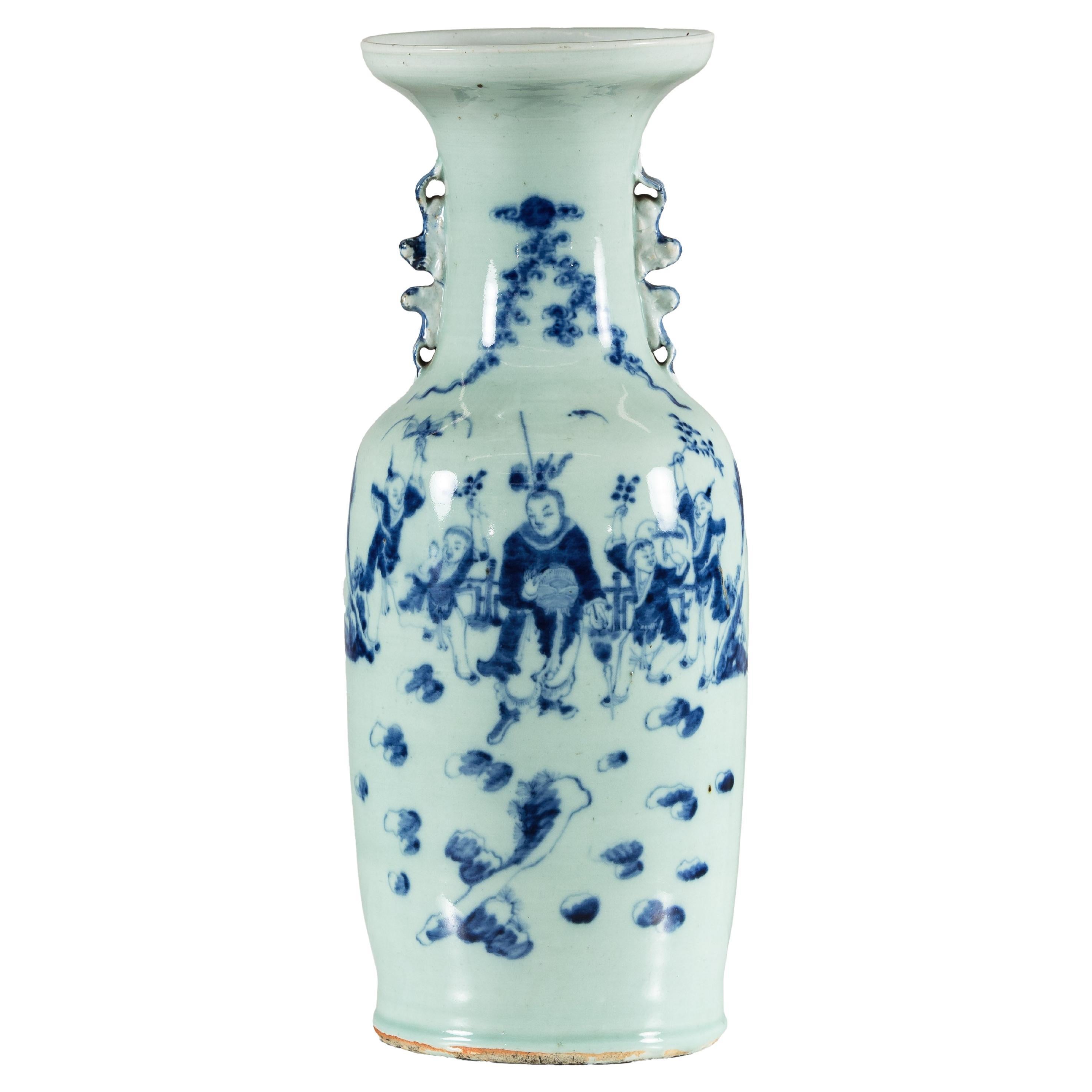 Antique Chinese Blue and White Vase with Figural Scene and Celadon-Toned Glaze