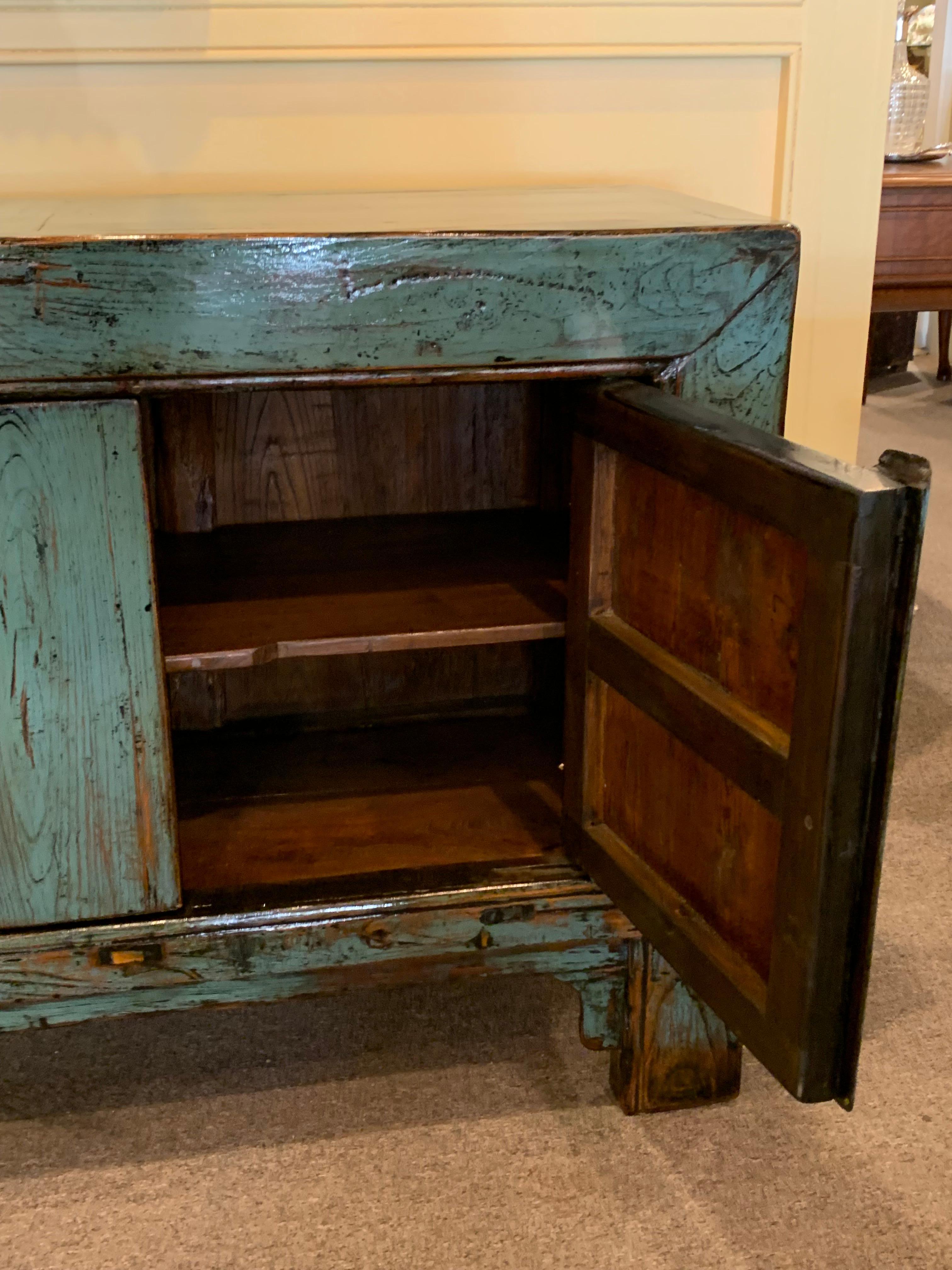 Antique Chinese Blue Lacquer Side Cabinet In Good Condition For Sale In New Orleans, LA