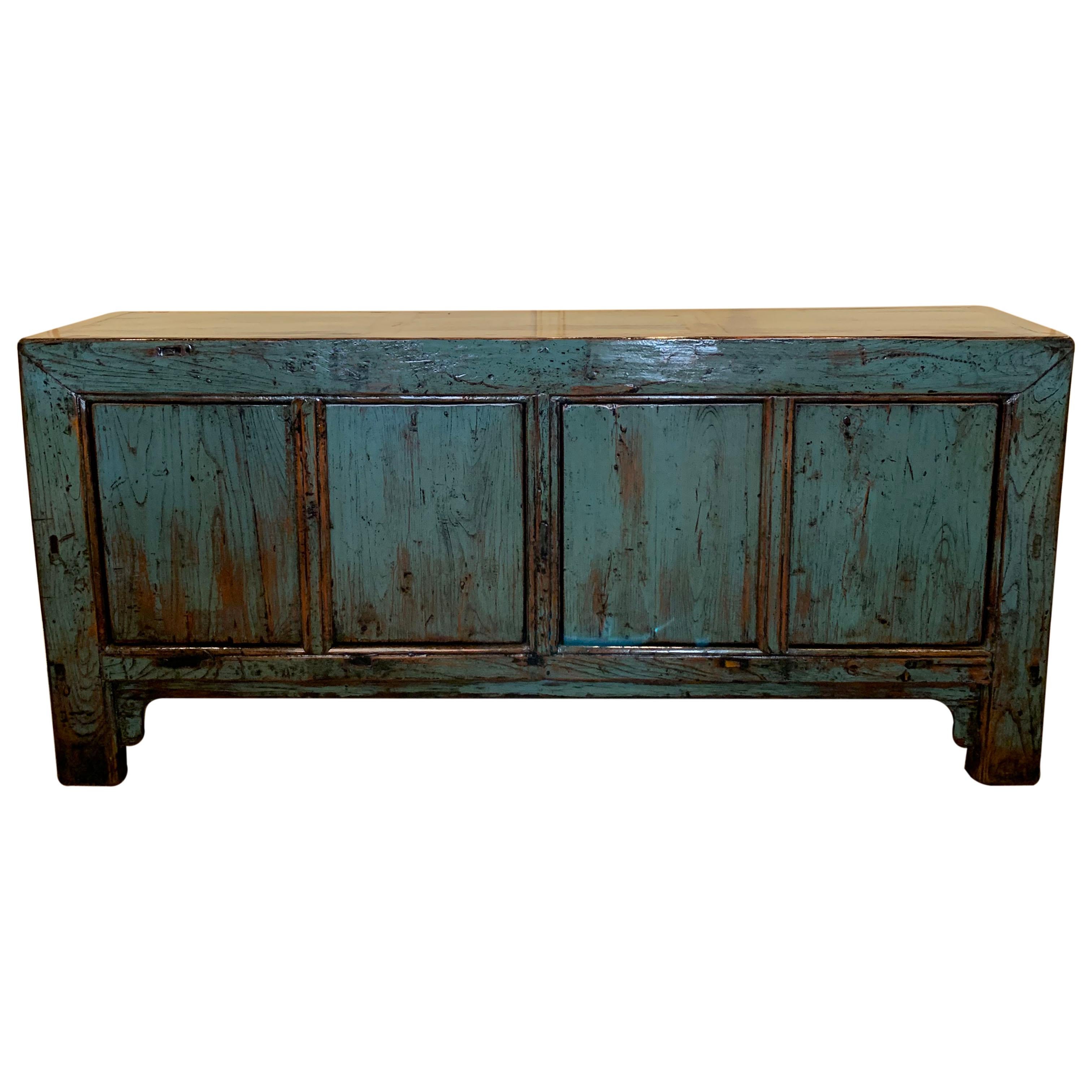 Antique Chinese Blue Lacquer Side Cabinet For Sale