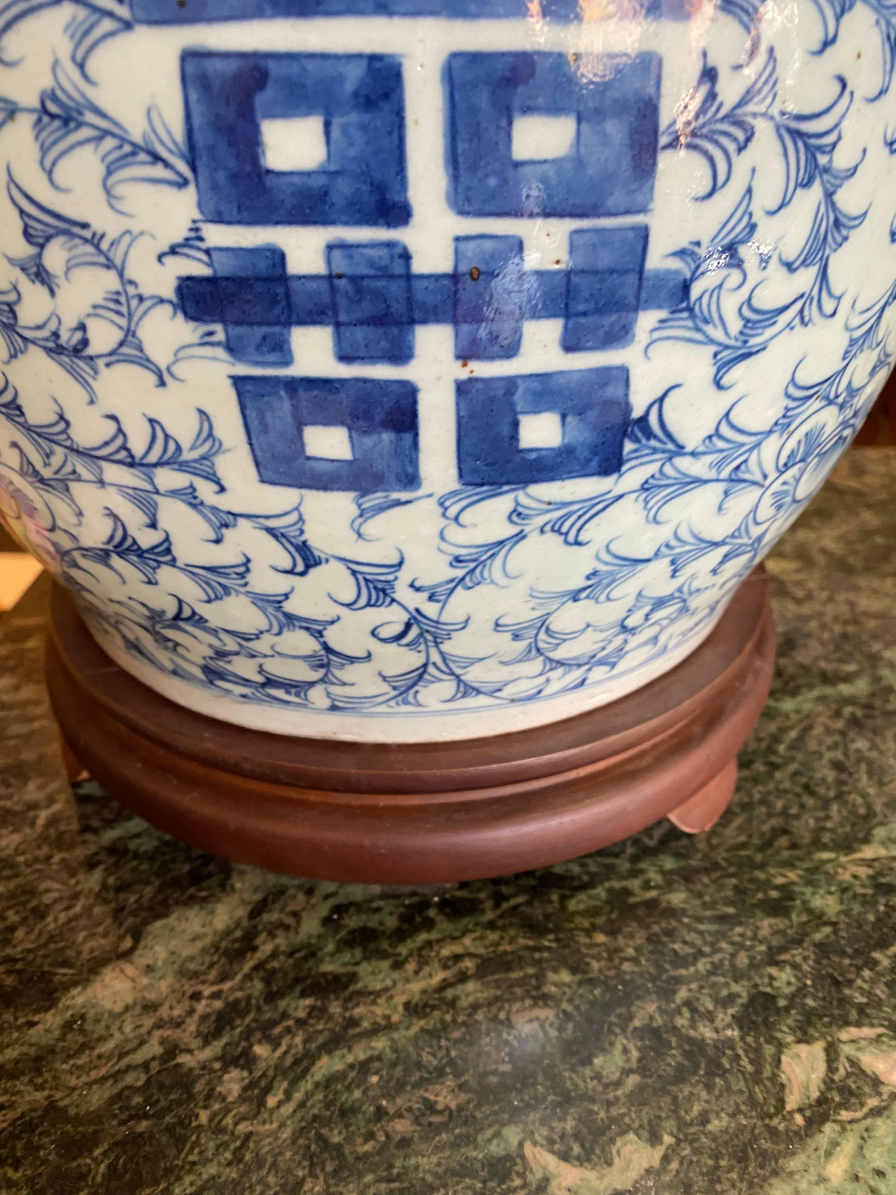 Hand-Crafted Antique Chinese Blue on White LARGE LAMP with silk shade For Sale