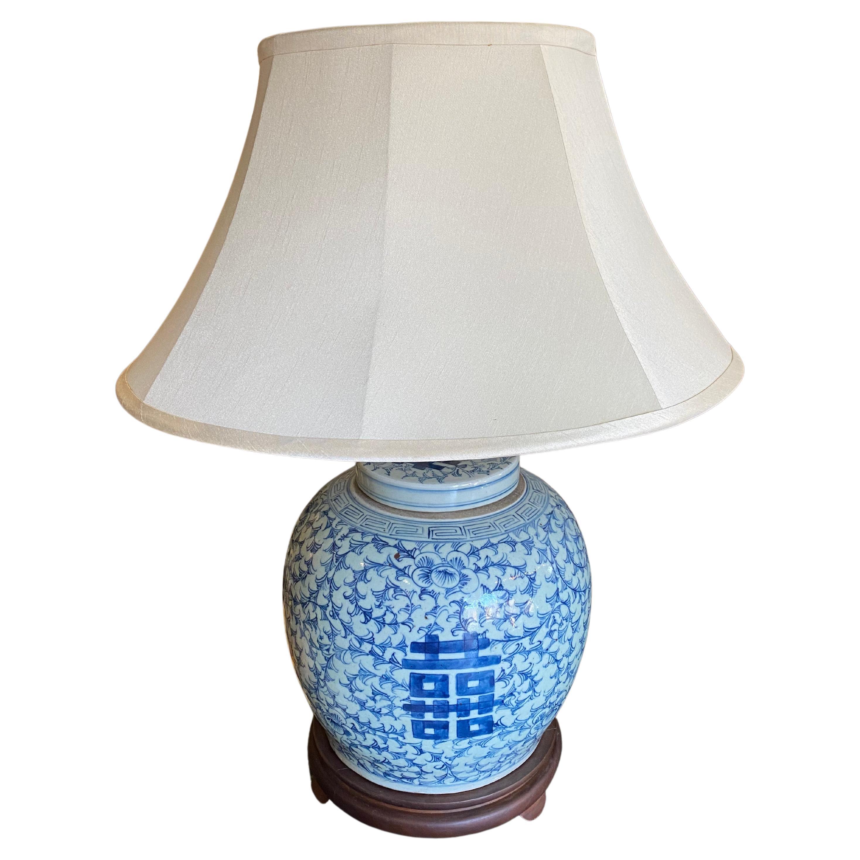 Antique Chinese Blue on White LARGE LAMP with silk shade For Sale