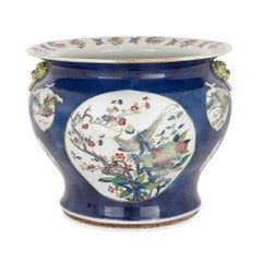 Antique Chinese Blue Parcel Gilt Porcelain Jardinière Vase