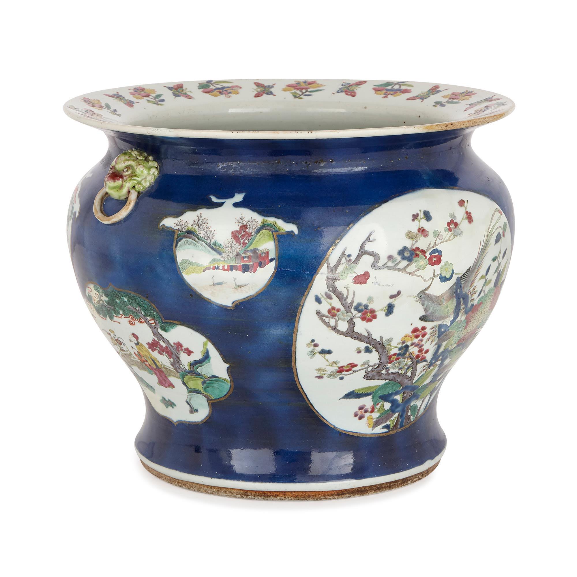 Chinese Export Antique Chinese Blue Parcel Gilt Porcelain Jardinière Vase