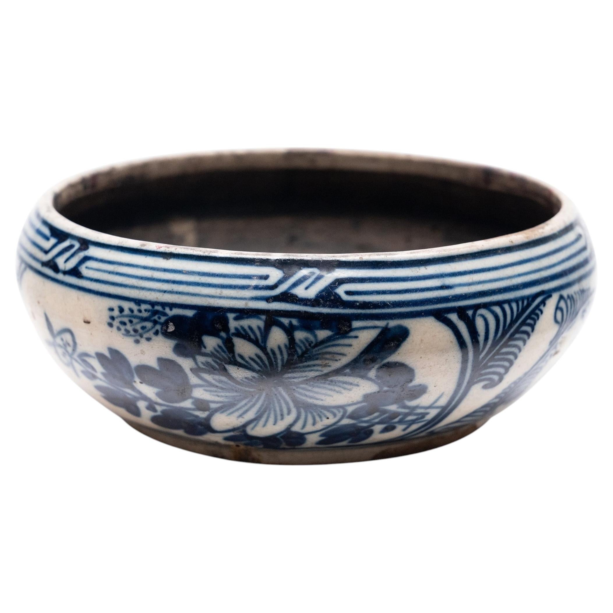 Antique Chinese Blue & White Bowl with Narcissus & Peony, Early 19th Century