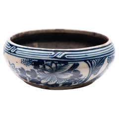 Antique Chinese Blue & White Bowl with Narcissus & Peony, Early 19th Century