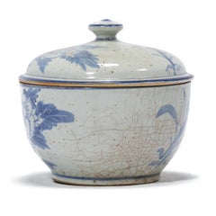 Antique Chinese Blue & White Congee Pot with Peonies, Early 20th Century