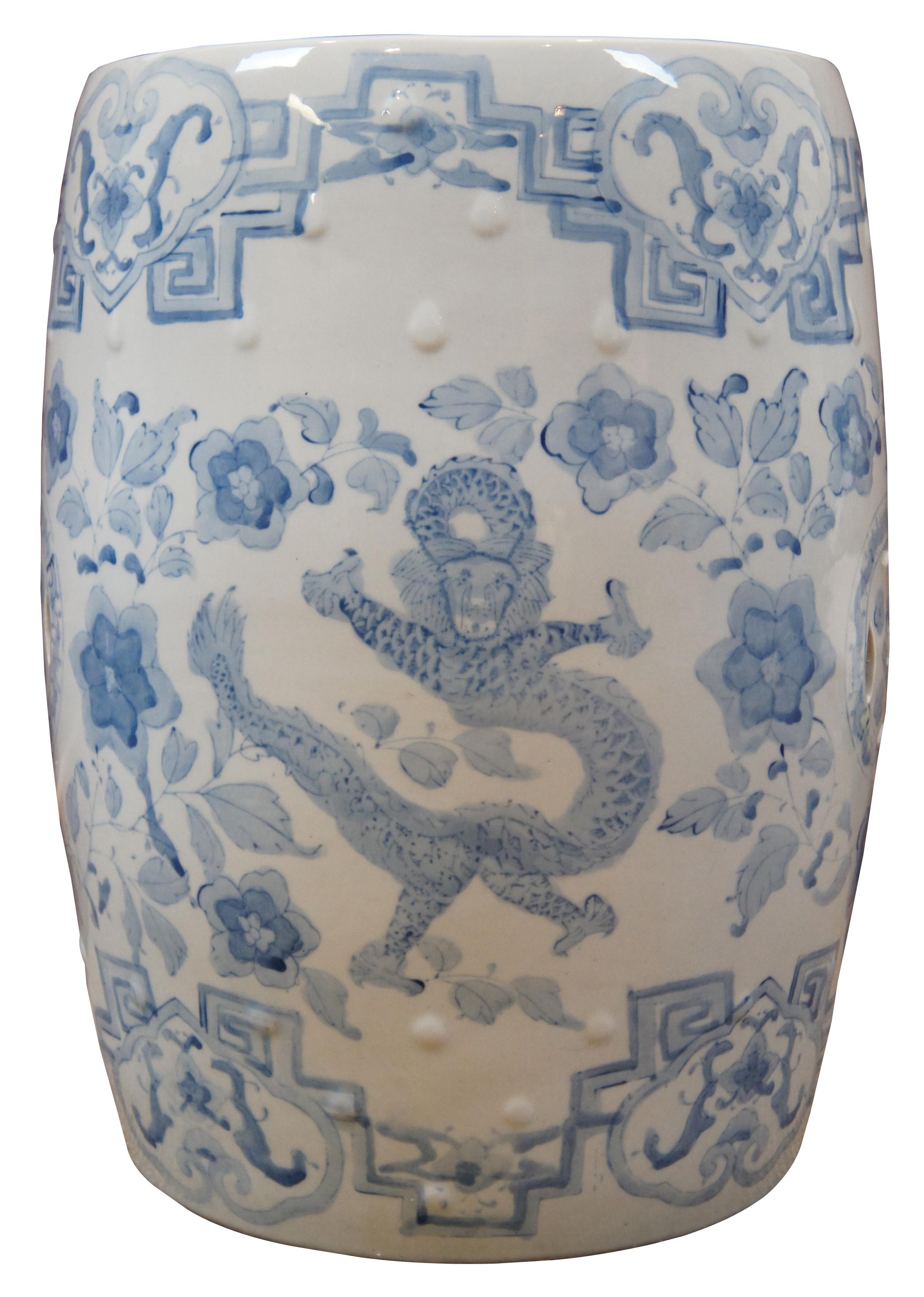 Chinoiserie Antique Chinese Blue White Garden Stool Plant Stand Phoenix Dragon Side Table