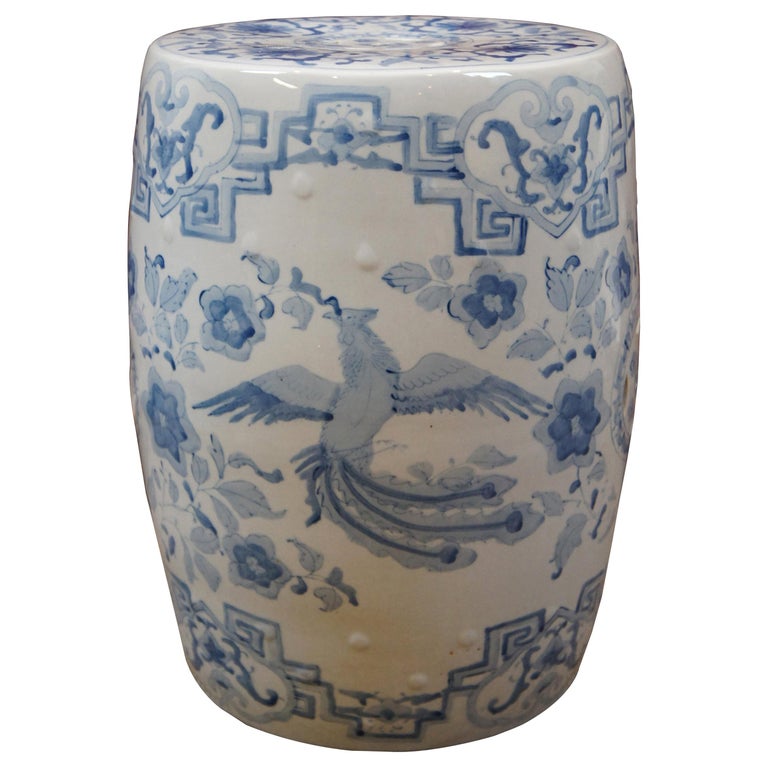 Antique Chinese Blue White Garden Stool Plant Stand Phoenix Dragon Side