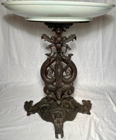 Antique Asian Blue & White Porcelain and Carved Hardwood Table, circa 1900s