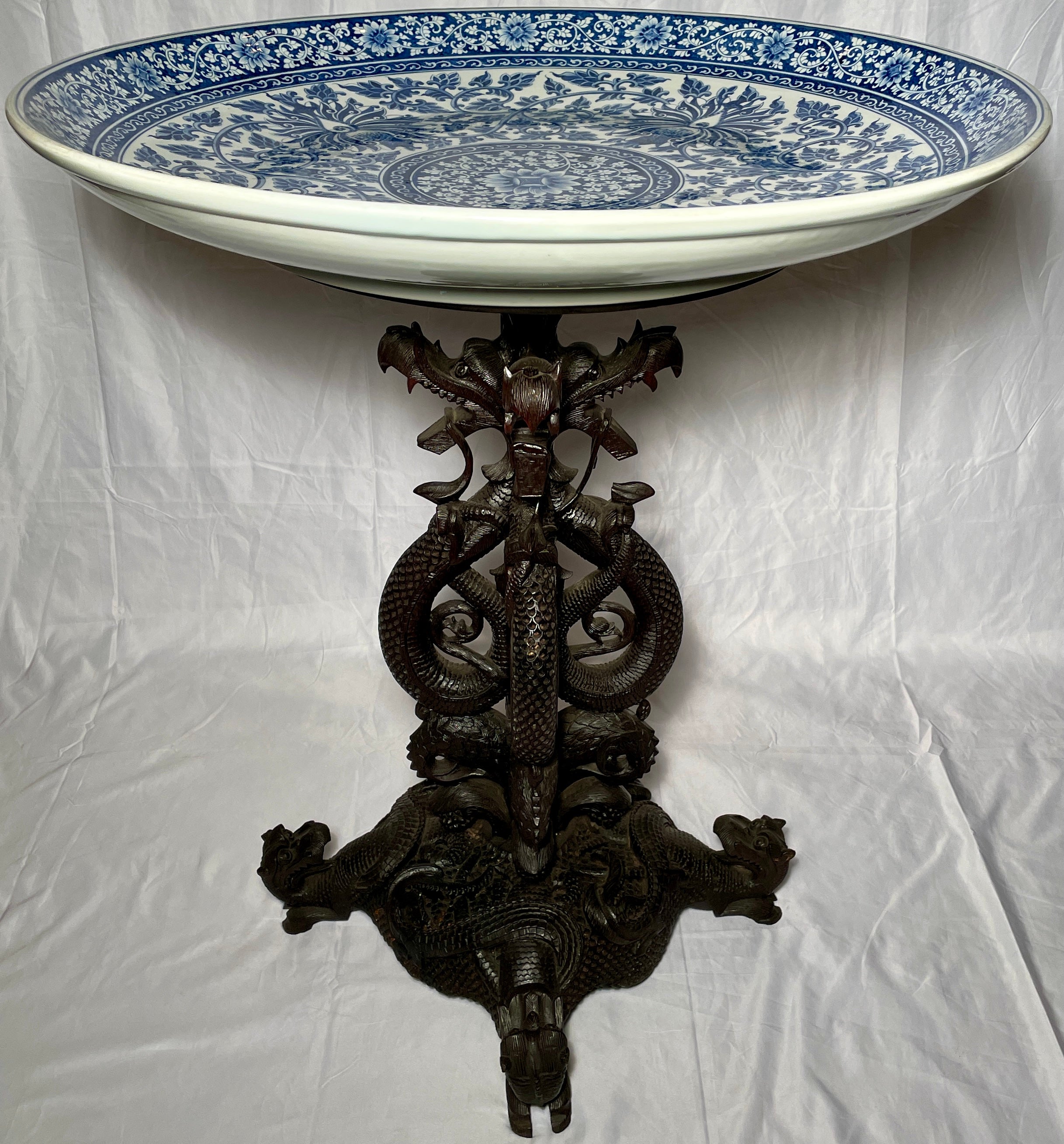 Indian Antique Asian Blue & White Porcelain and Carved Hardwood Table, circa 1900s For Sale