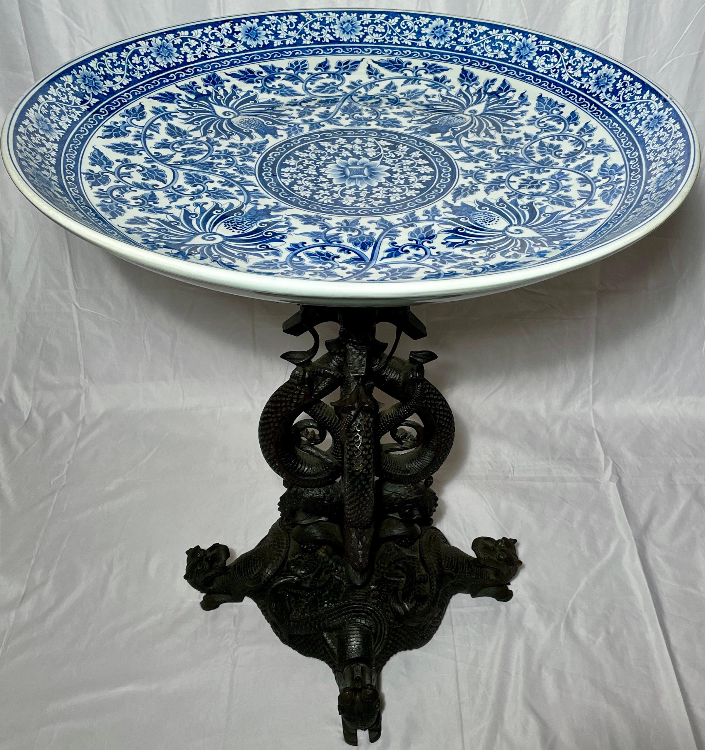 Antique Asian Blue & White Porcelain and Carved Hardwood Table, circa 1900s In Good Condition For Sale In New Orleans, LA