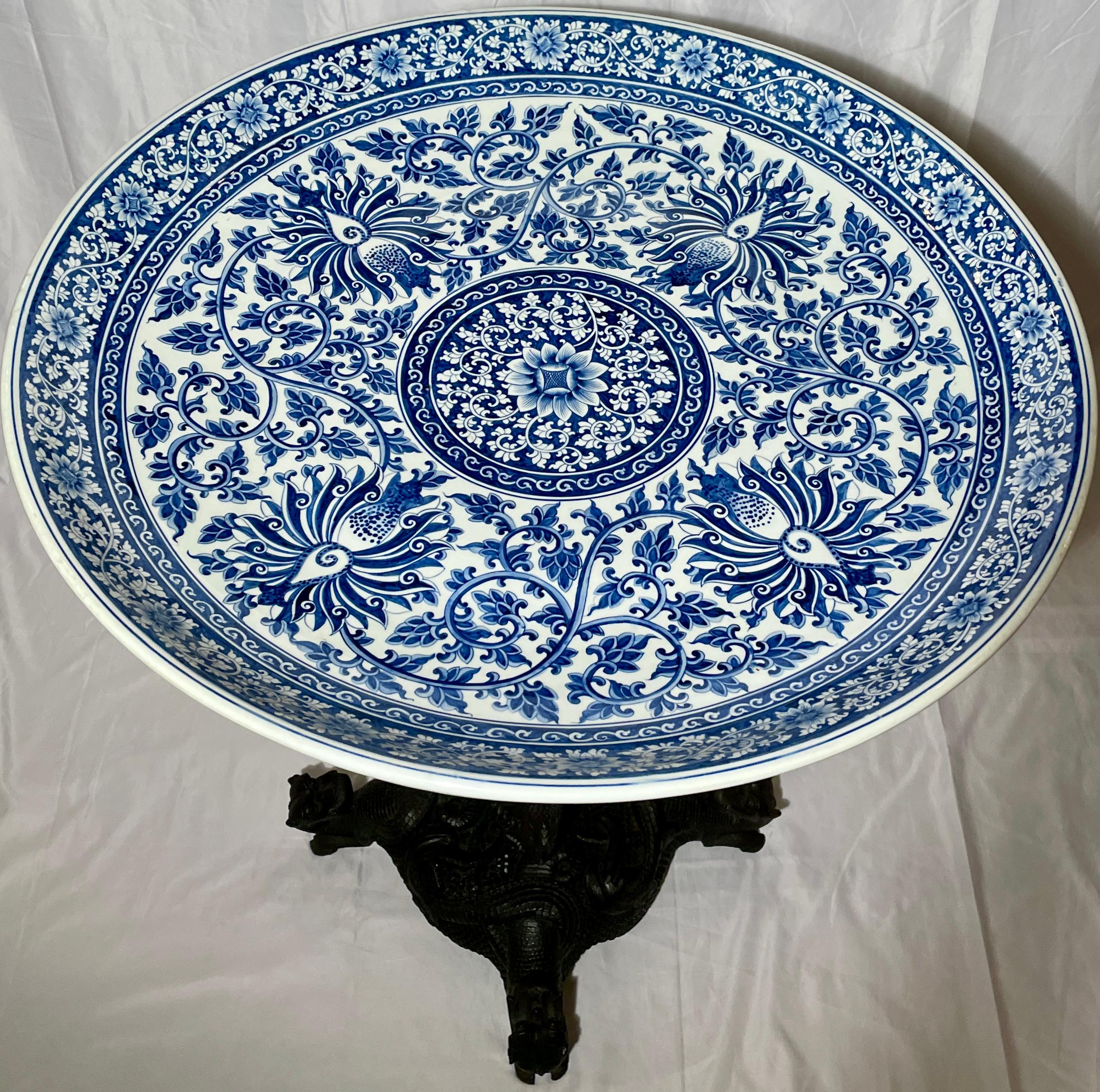 20th Century Antique Asian Blue & White Porcelain and Carved Hardwood Table, circa 1900s For Sale