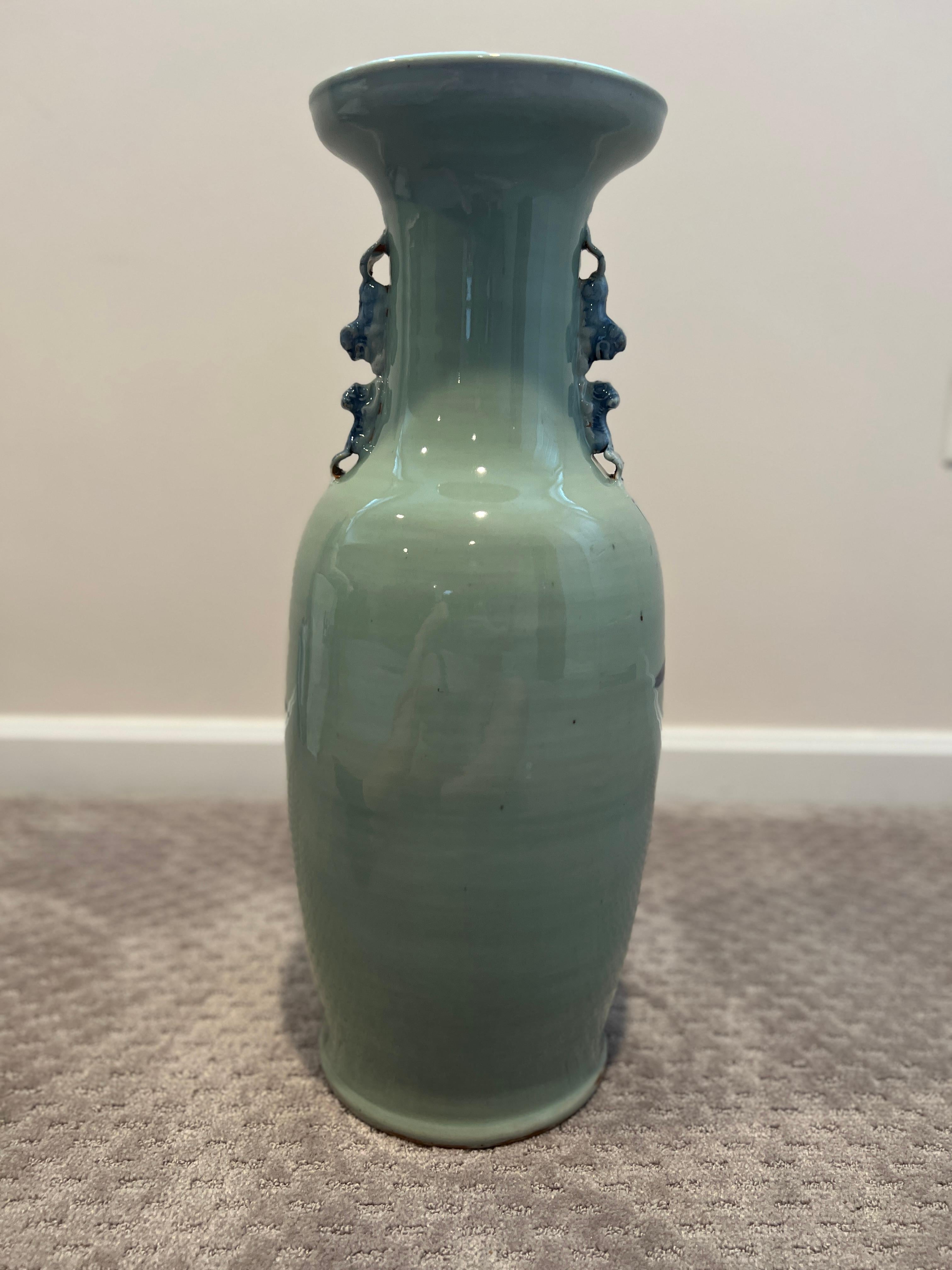 Antique Chinese Blue & White Porcelain Celadon Ground Floor Vase For Sale 3