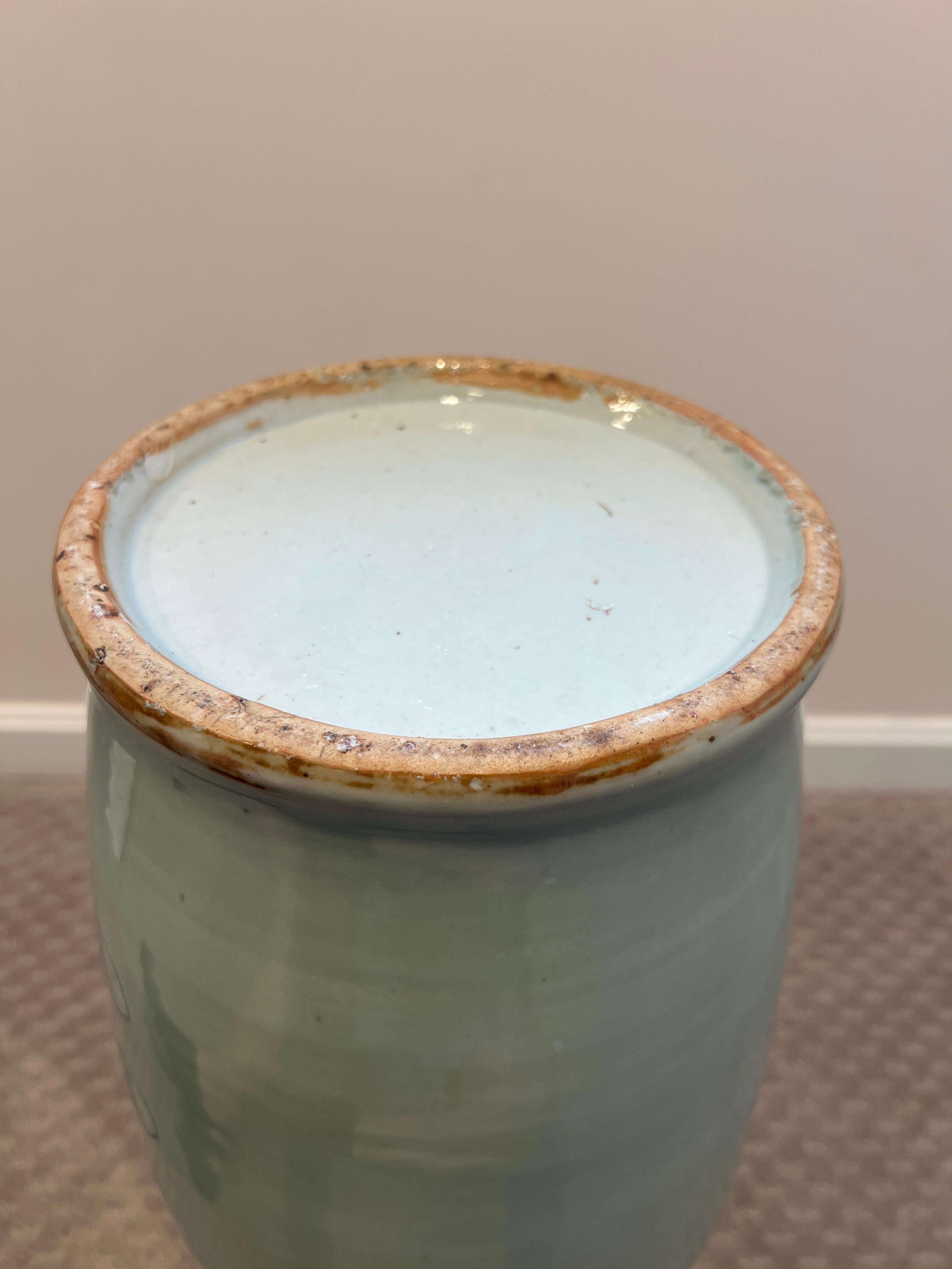 Antique Chinese Blue & White Porcelain Celadon Ground Floor Vase For Sale 6