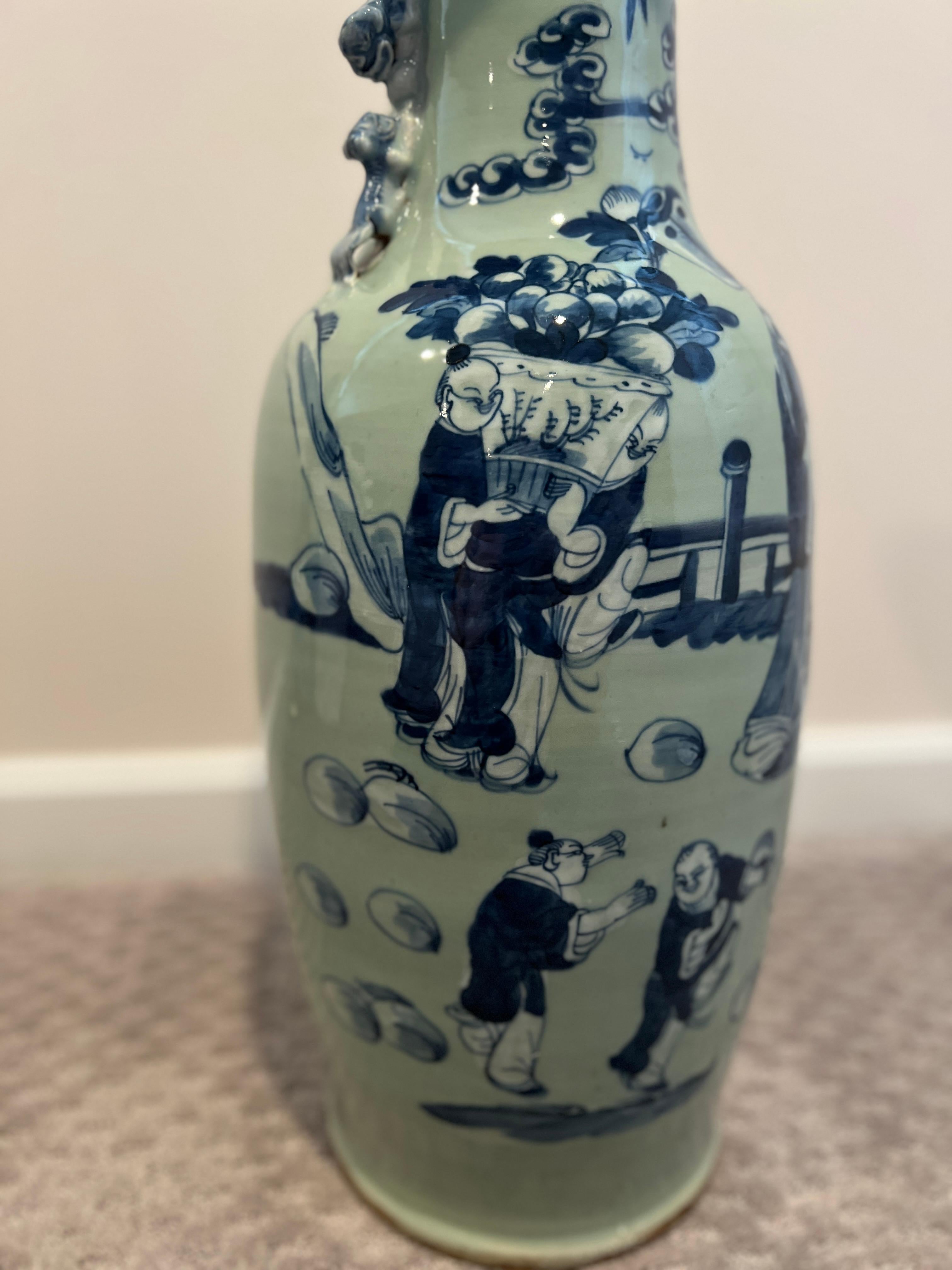 Chinese Export Antique Chinese Blue & White Porcelain Celadon Ground Floor Vase For Sale