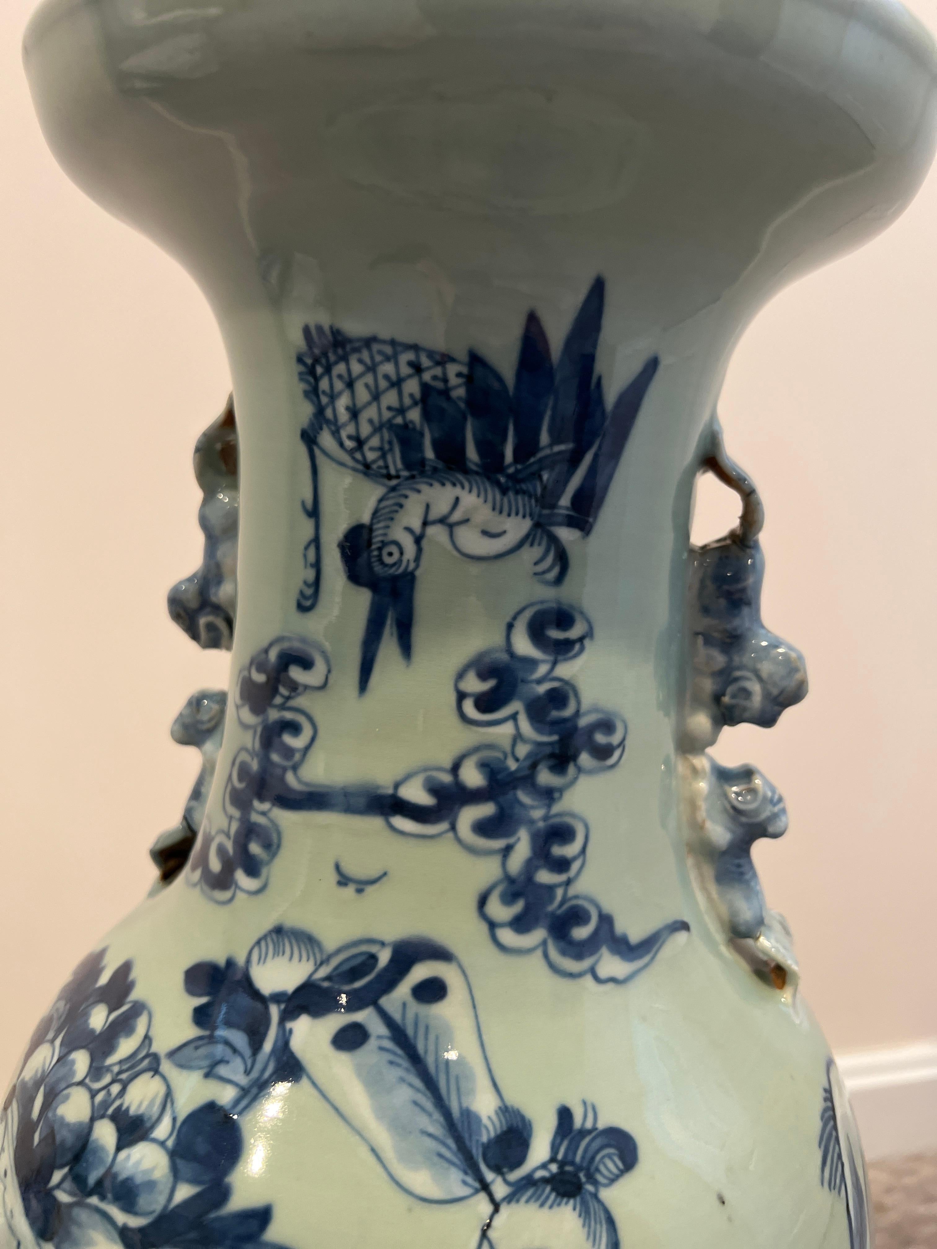 Antique Chinese Blue & White Porcelain Celadon Ground Floor Vase For Sale 1