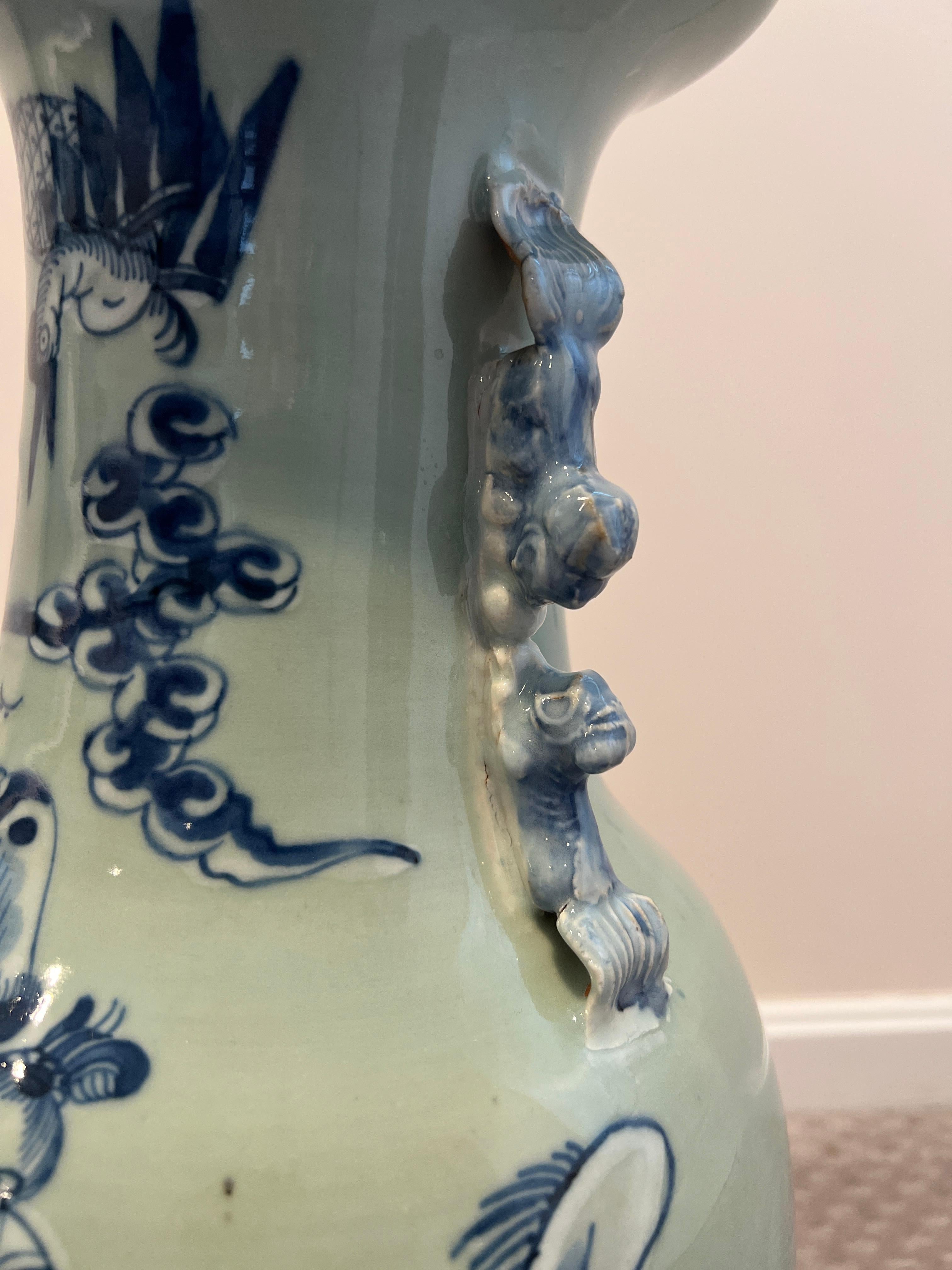 Antique Chinese Blue & White Porcelain Celadon Ground Floor Vase For Sale 2