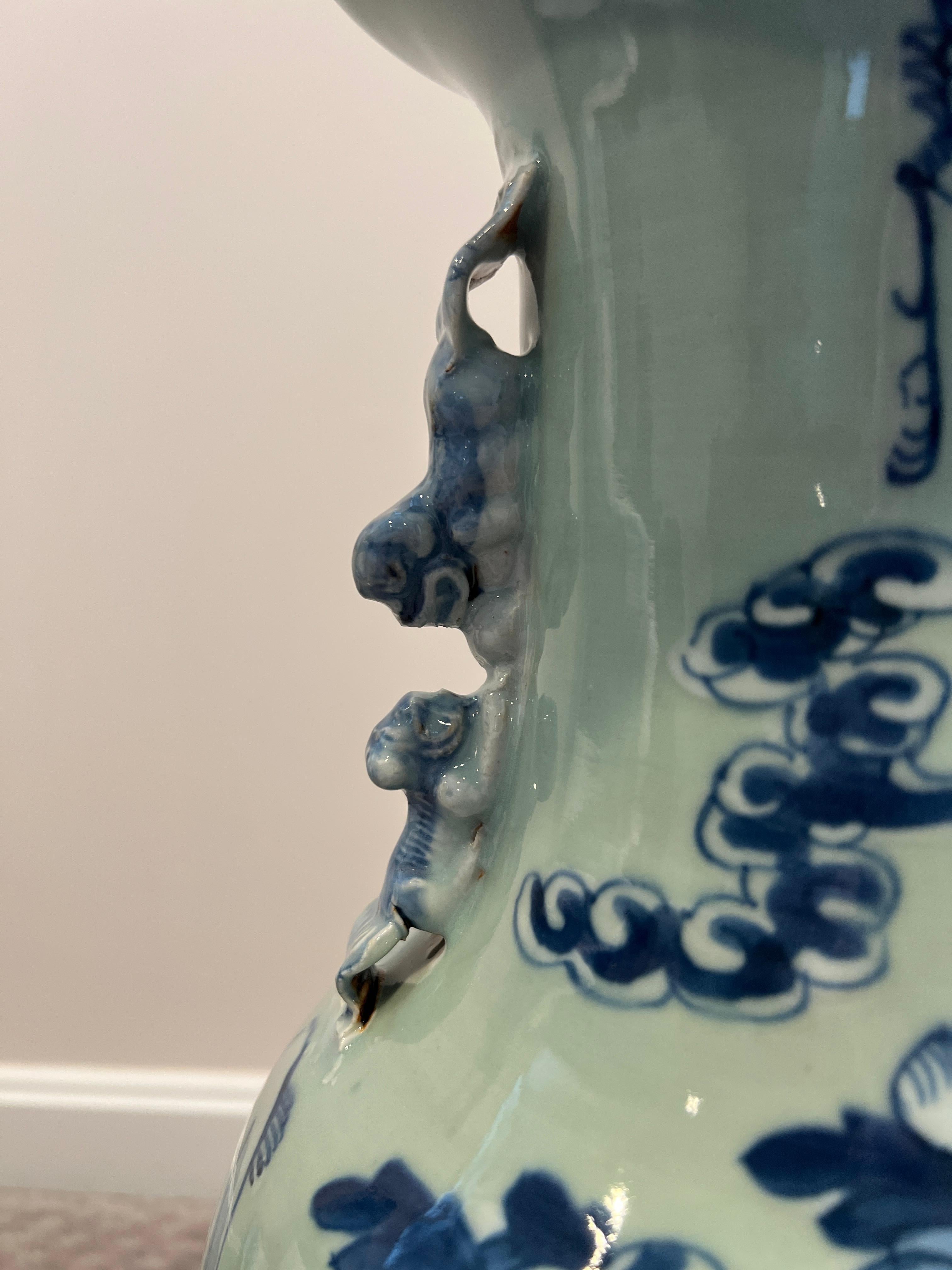 Antique Chinese Blue & White Porcelain Celadon Ground Floor Vase For Sale 3