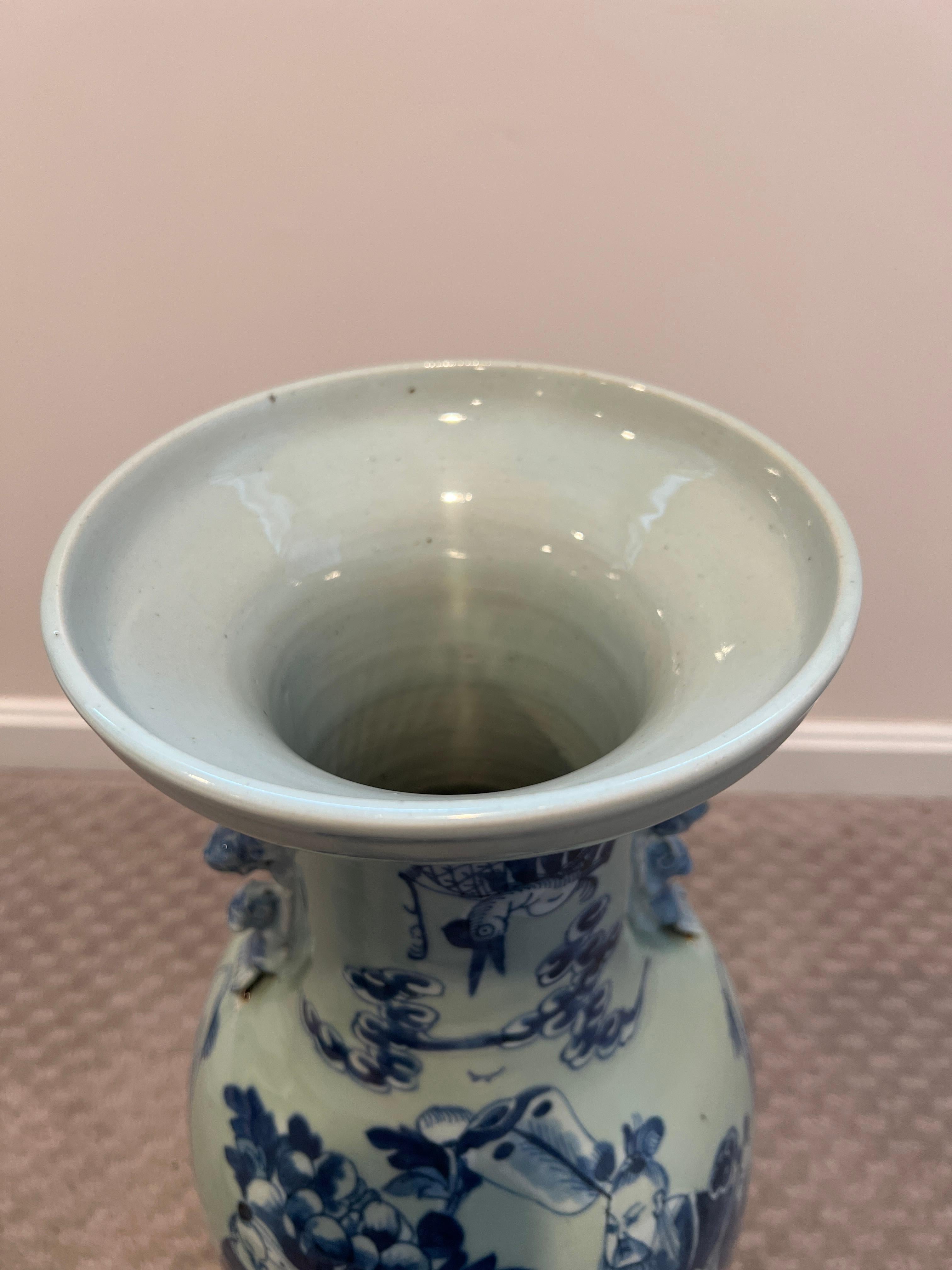 Antique Chinese Blue & White Porcelain Celadon Ground Floor Vase For Sale 2