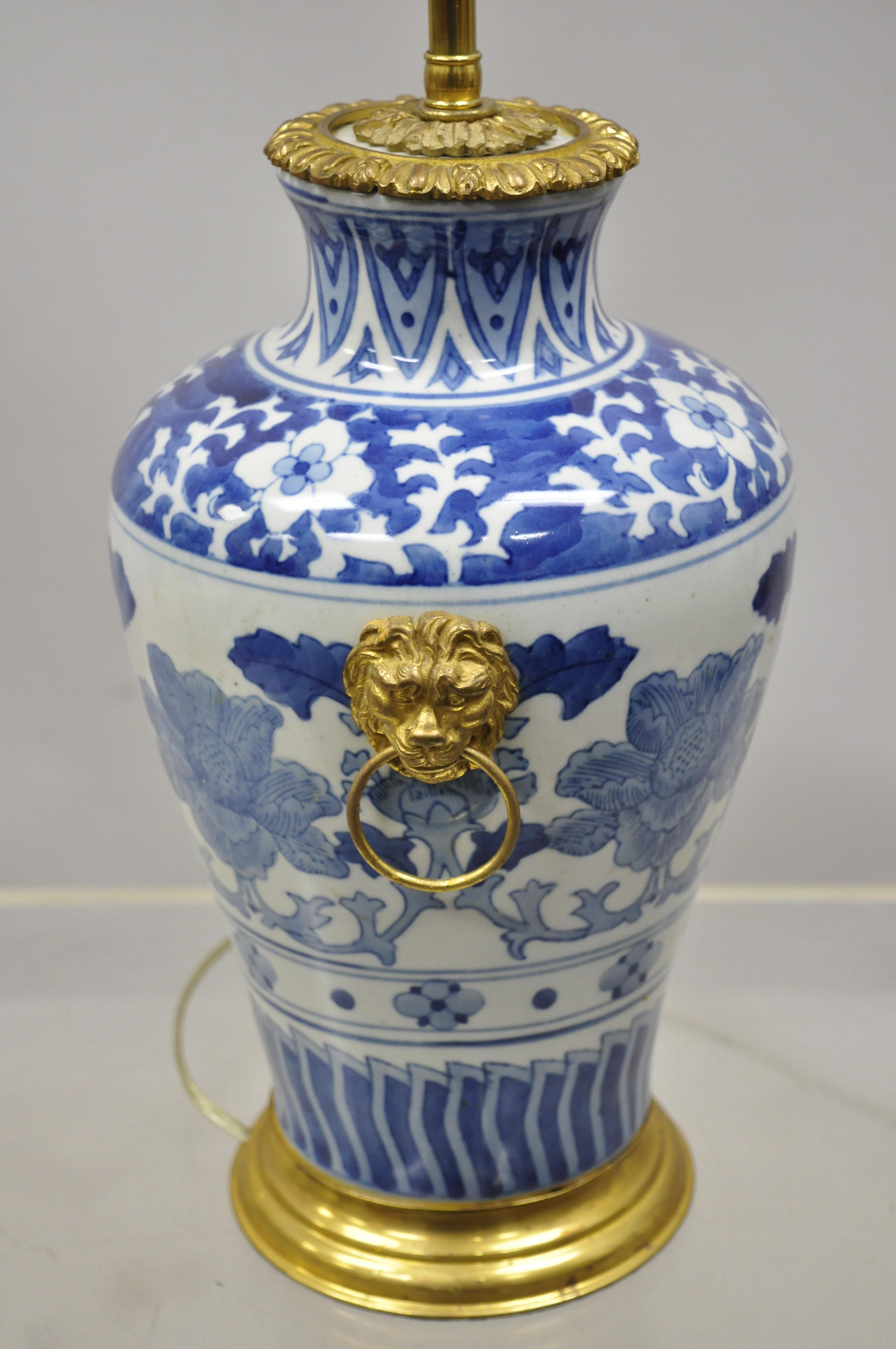 Chinoiserie Antique Chinese Blue White Porcelain Ginger Jar Table Lamp w Gilt Bronze Ormolu
