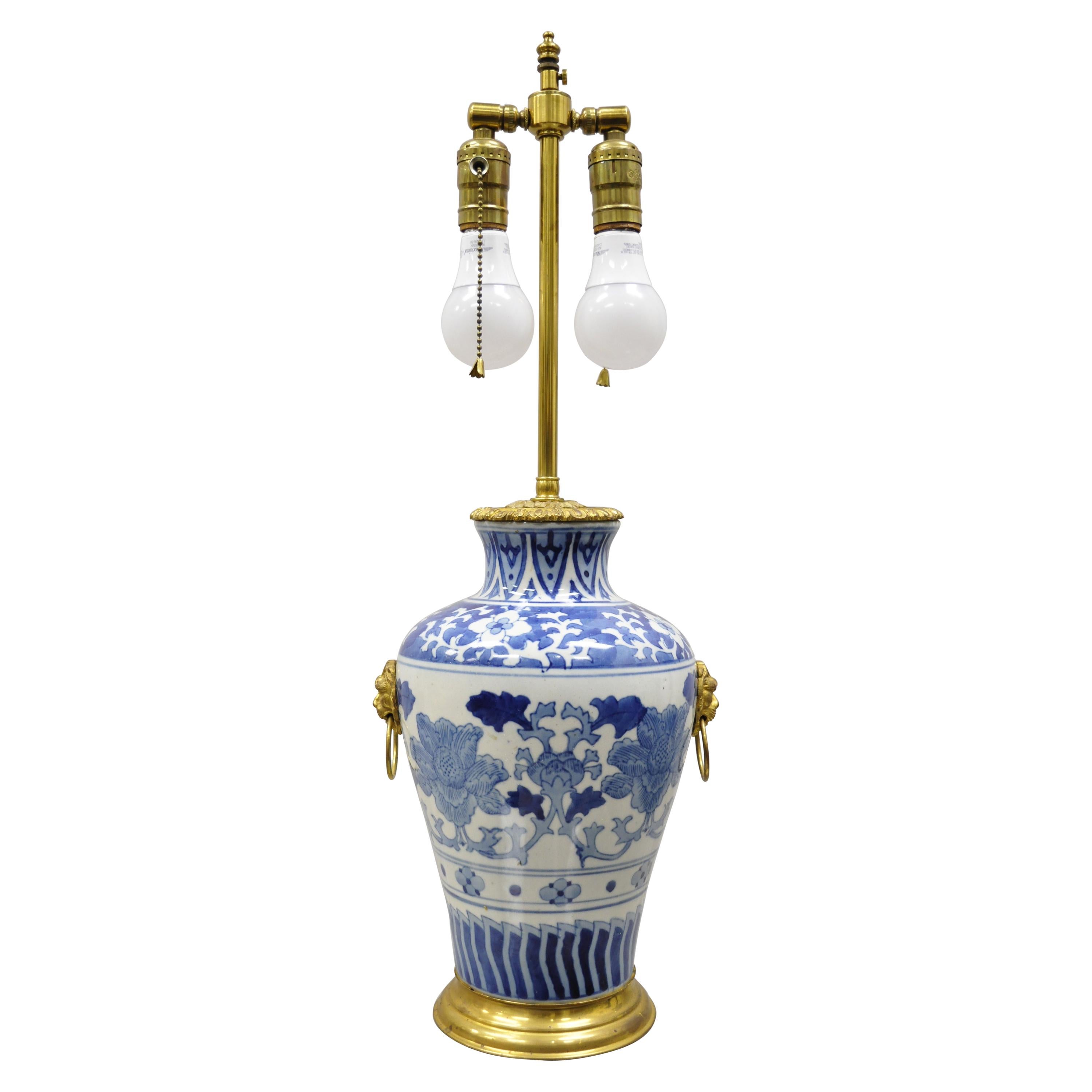 Antique Chinese Blue White Porcelain Ginger Jar Table Lamp w Gilt Bronze Ormolu