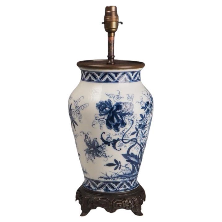 Antique Chinese Blue & White Porcelain Table Lamp, Bronze Base