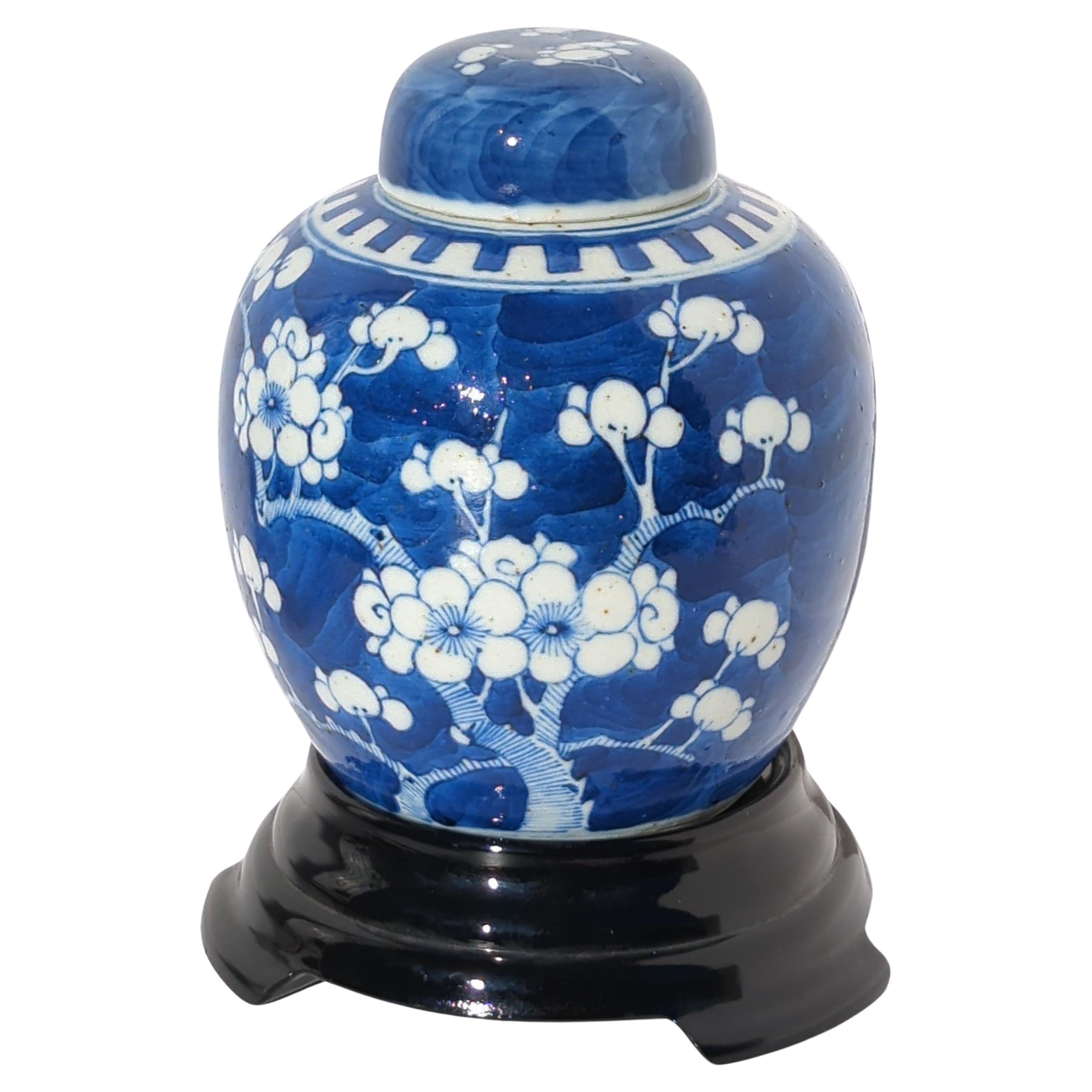 Chinese Export Antique Chinese Blue & White Prunus Blossoms Covered Ginger Jar Vase Early 20c