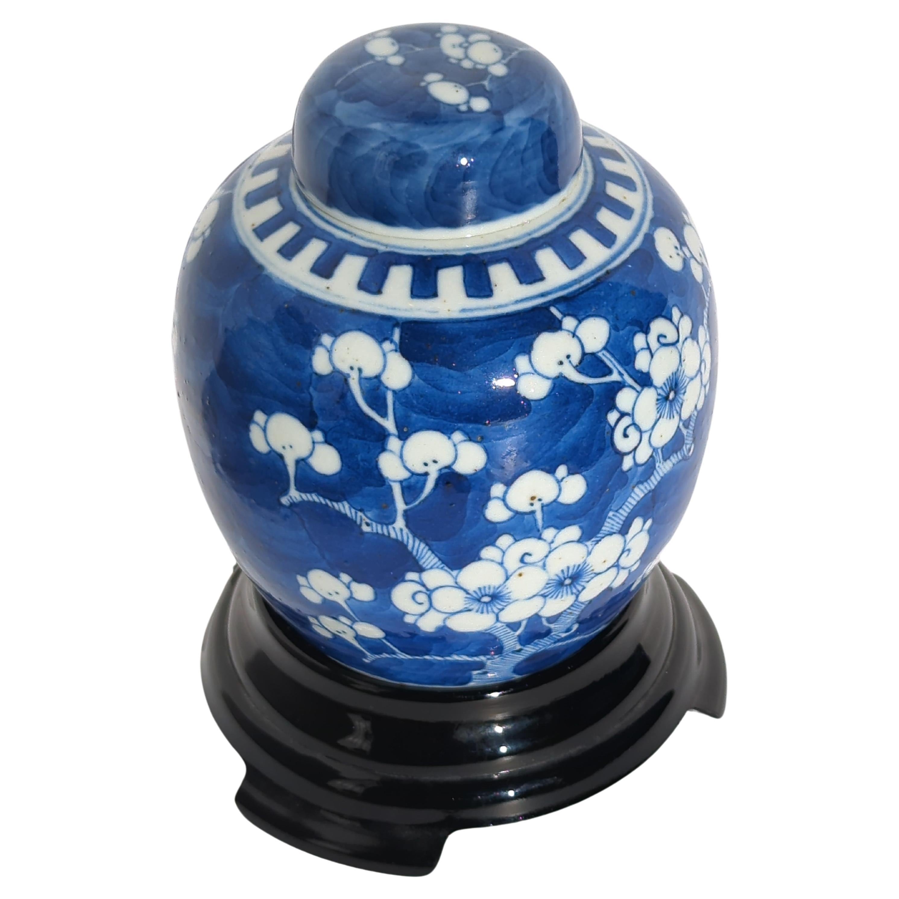 Hand-Painted Antique Chinese Blue & White Prunus Blossoms Covered Ginger Jar Vase Early 20c For Sale