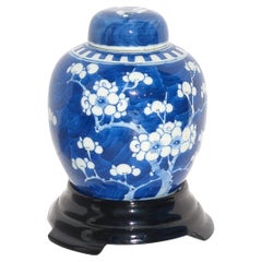 Antique Chinese Blue & White Prunus Blossoms Covered Ginger Jar Vase Qing 19c  