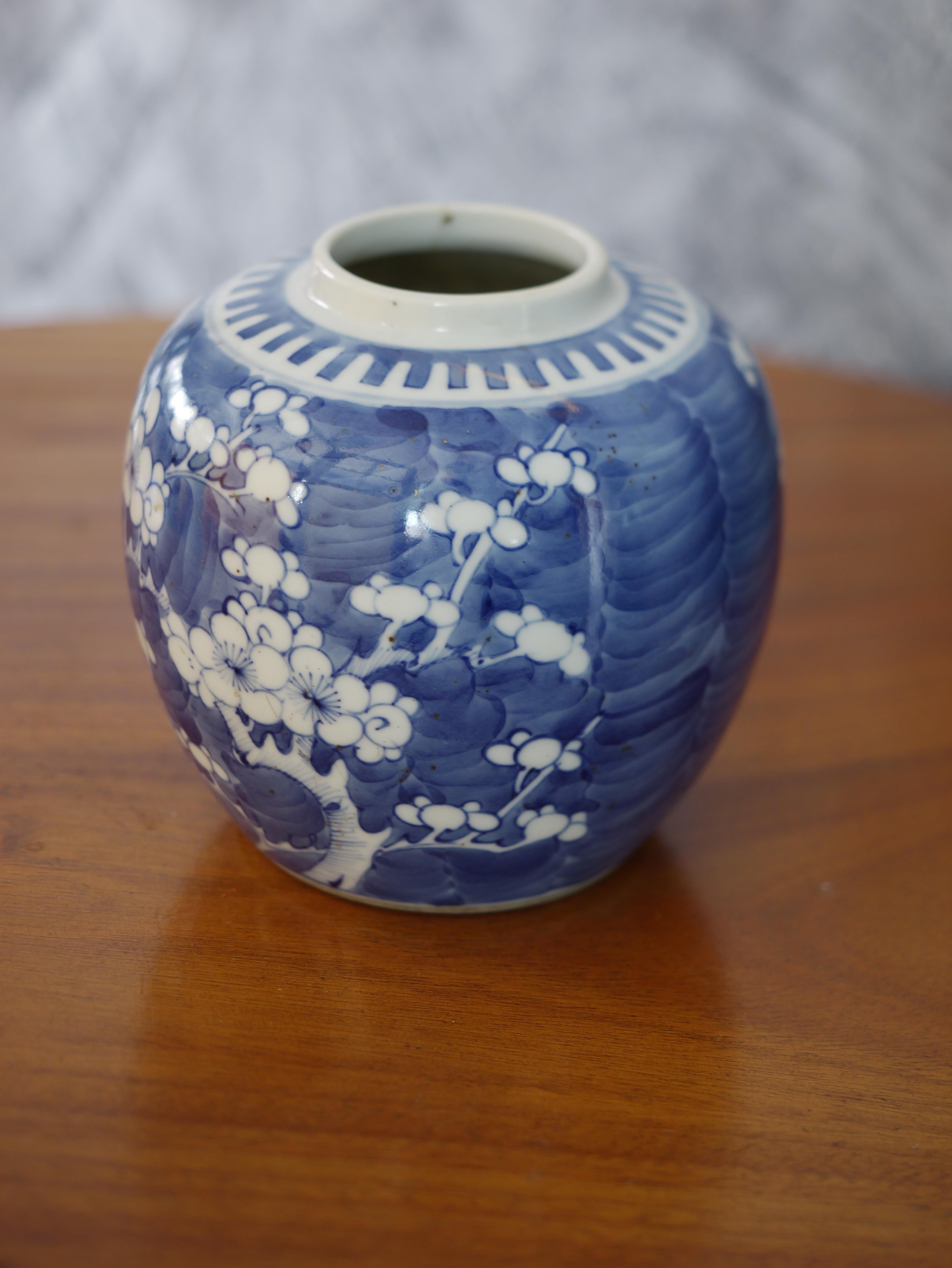 Peint à la main Ancienne jarre chinoise à fleurs de prunus bleues et blanches  en vente