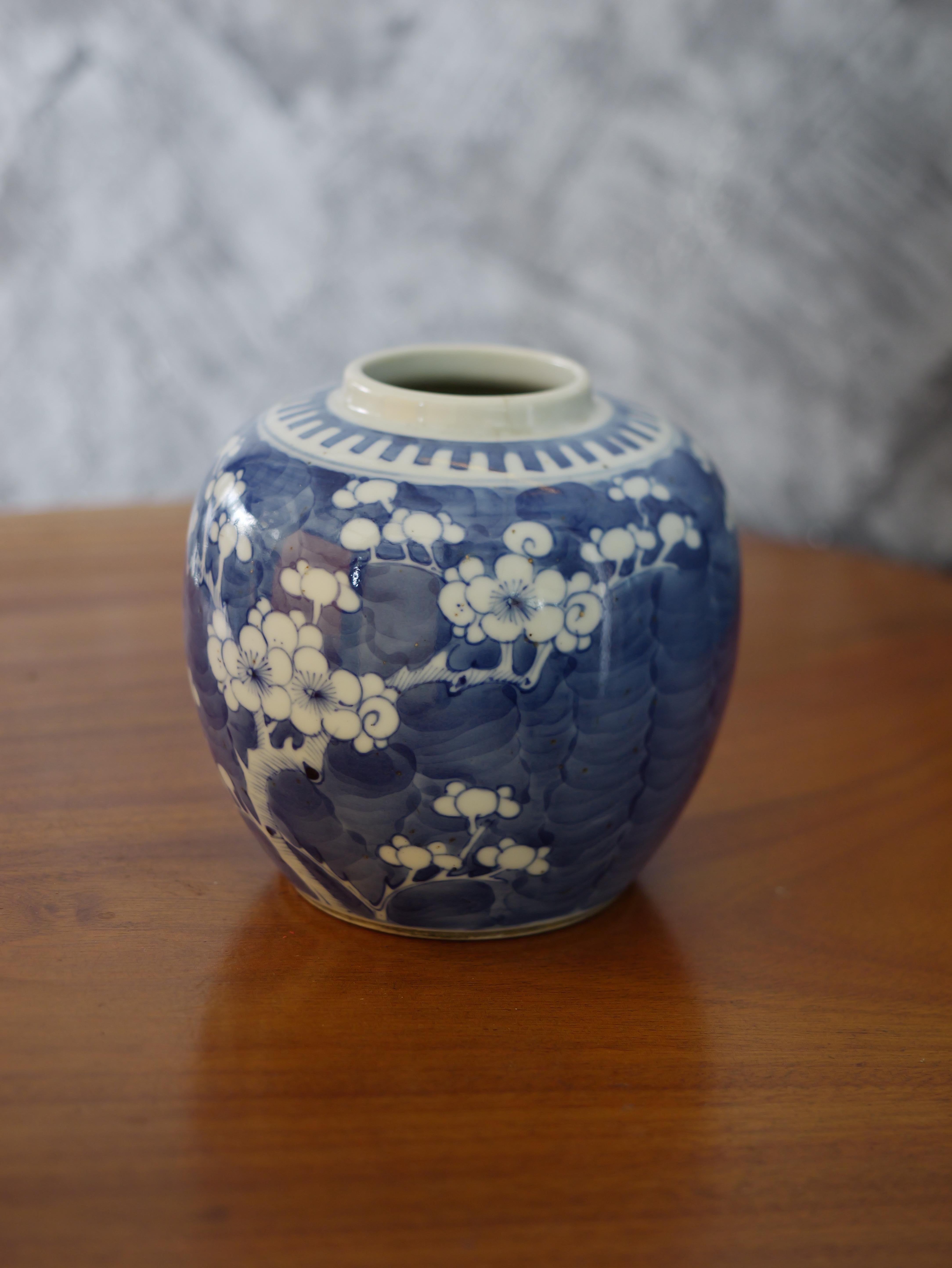 XIXe siècle Ancienne jarre chinoise à fleurs de prunus bleues et blanches  en vente