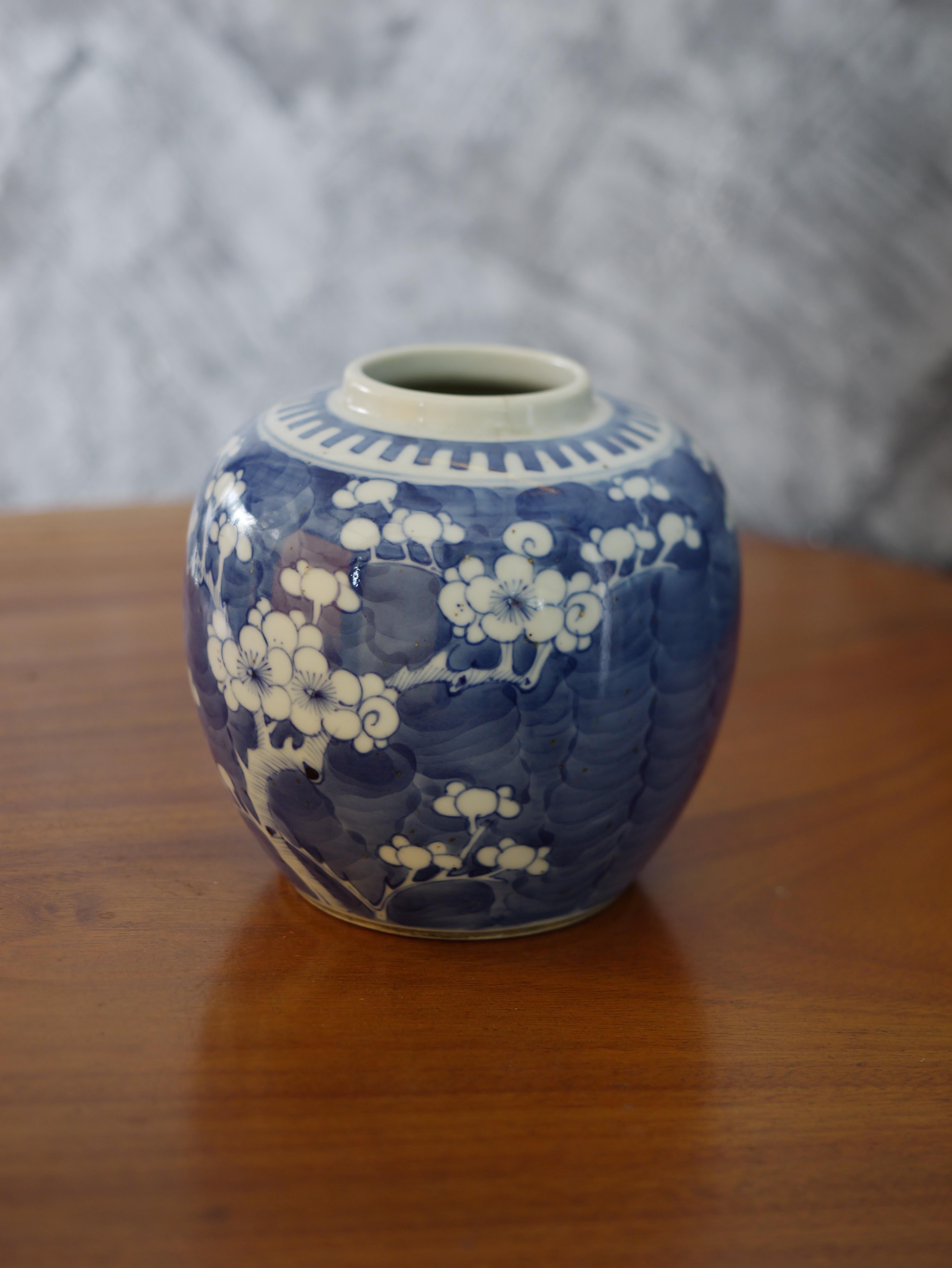 Porcelain Antique Chinese Blue & White Prunus Blossoms Ginger Jar For Sale