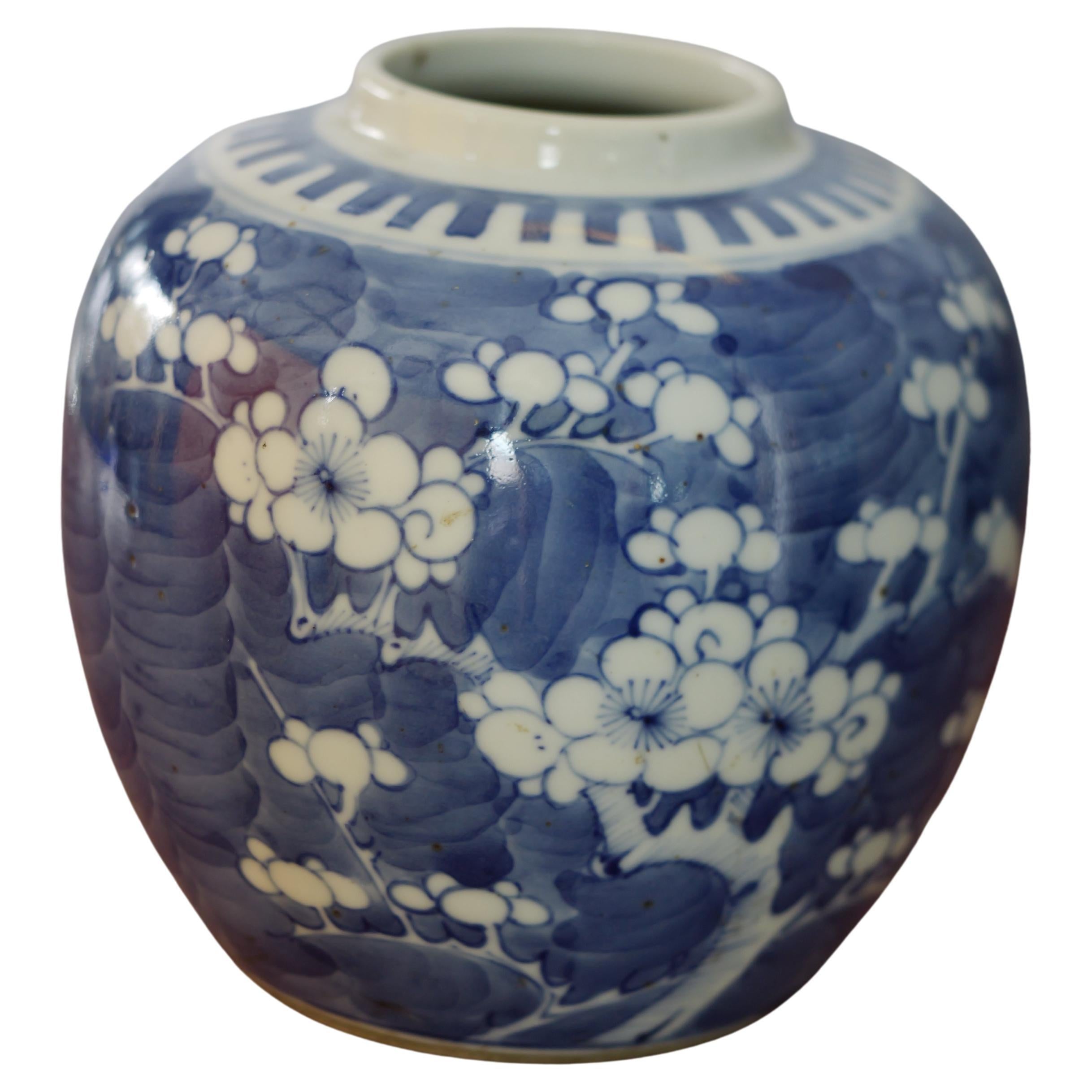 Ancienne jarre chinoise à fleurs de prunus bleues et blanches  en vente