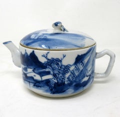 Antique Chinese Blue White Qing Dynasty and English Flo Blue Victorian Teapot
