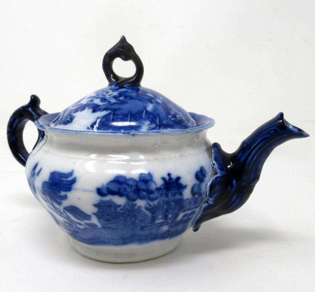 Ceramic Antique Chinese Blue White Qing Dynasty and English Flo Blue Victorian Teapot For Sale