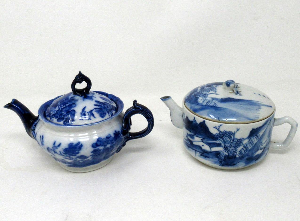 Antique Chinese Blue White Qing Dynasty and English Flo Blue Victorian Teapot For Sale 1