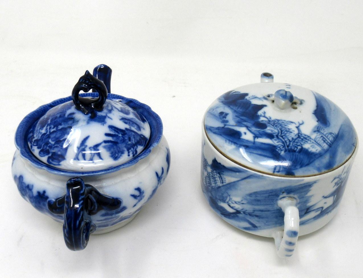 Antique Chinese Blue White Qing Dynasty and English Flo Blue Victorian Teapot For Sale 2