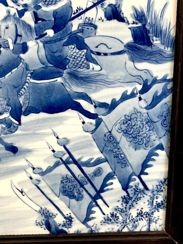 Porcelain Antique Chinese Blue & White Warrior Scene Giltwood & Lacquer Table Screen For Sale