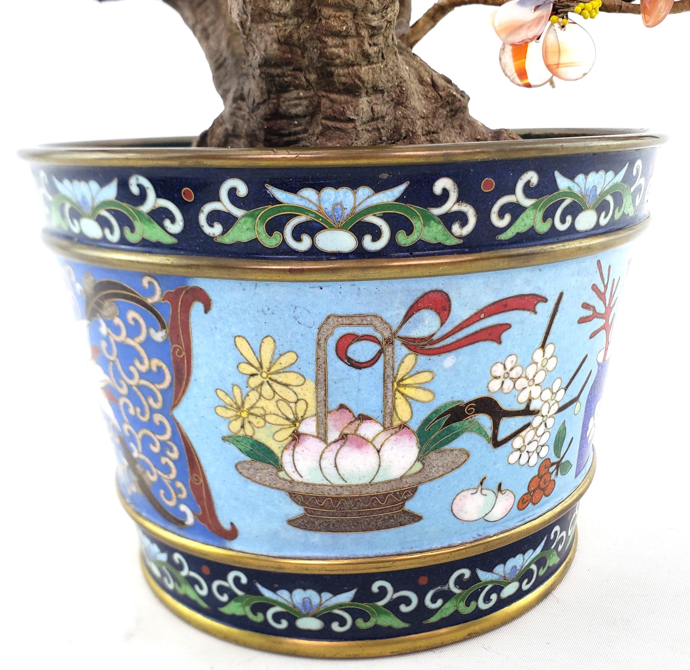 Antique Chinese Bonzai Styled Flowering Fruit Tree Sculpture with Cloisonne Pot For Sale 4