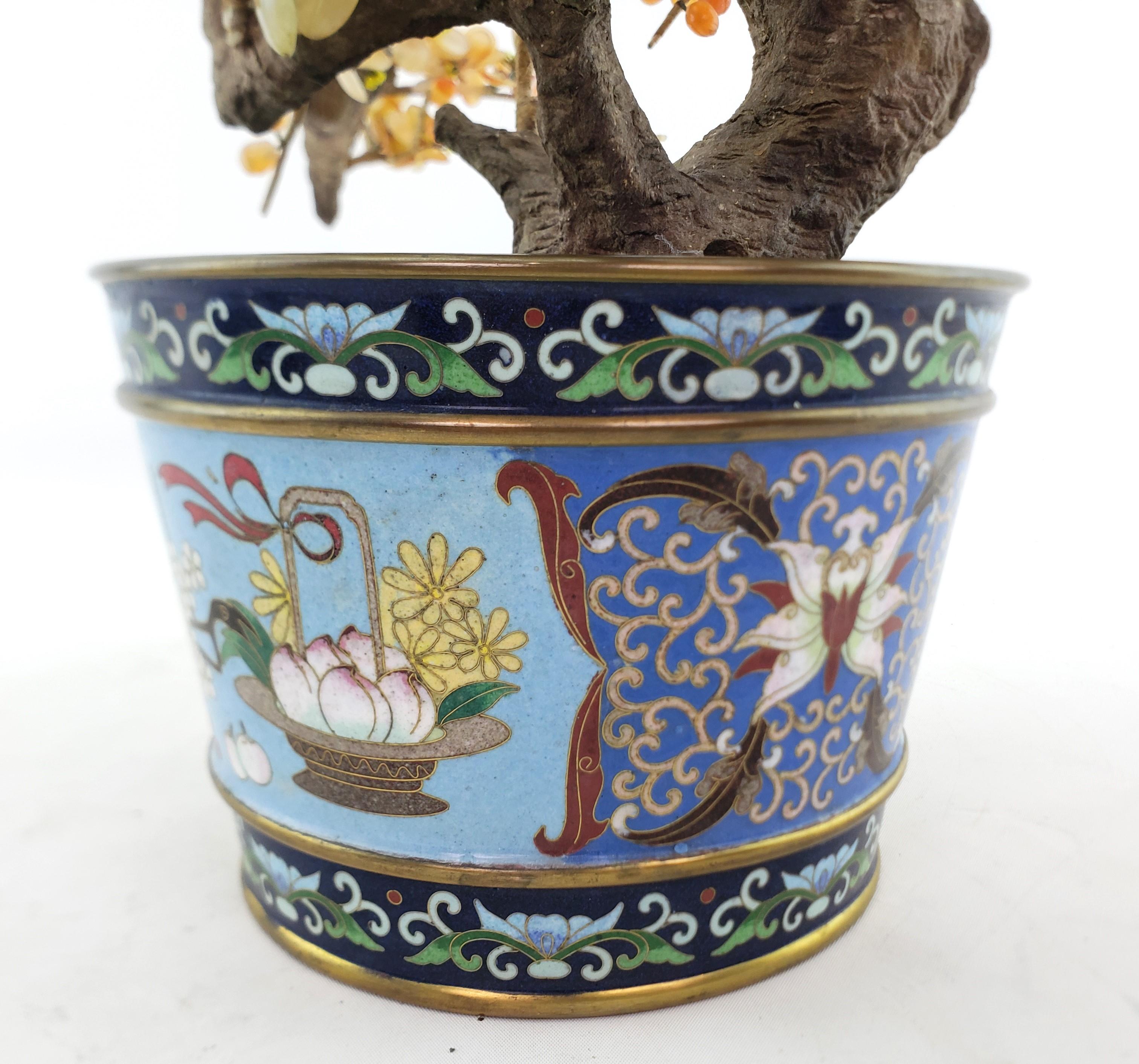 Antique Chinese Bonzai Styled Flowering Fruit Tree Sculpture with Cloisonne Pot For Sale 6
