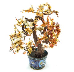 Antique Chinese Bonzai Styled Flowering Fruit Tree Sculpture with Cloisonne Pot