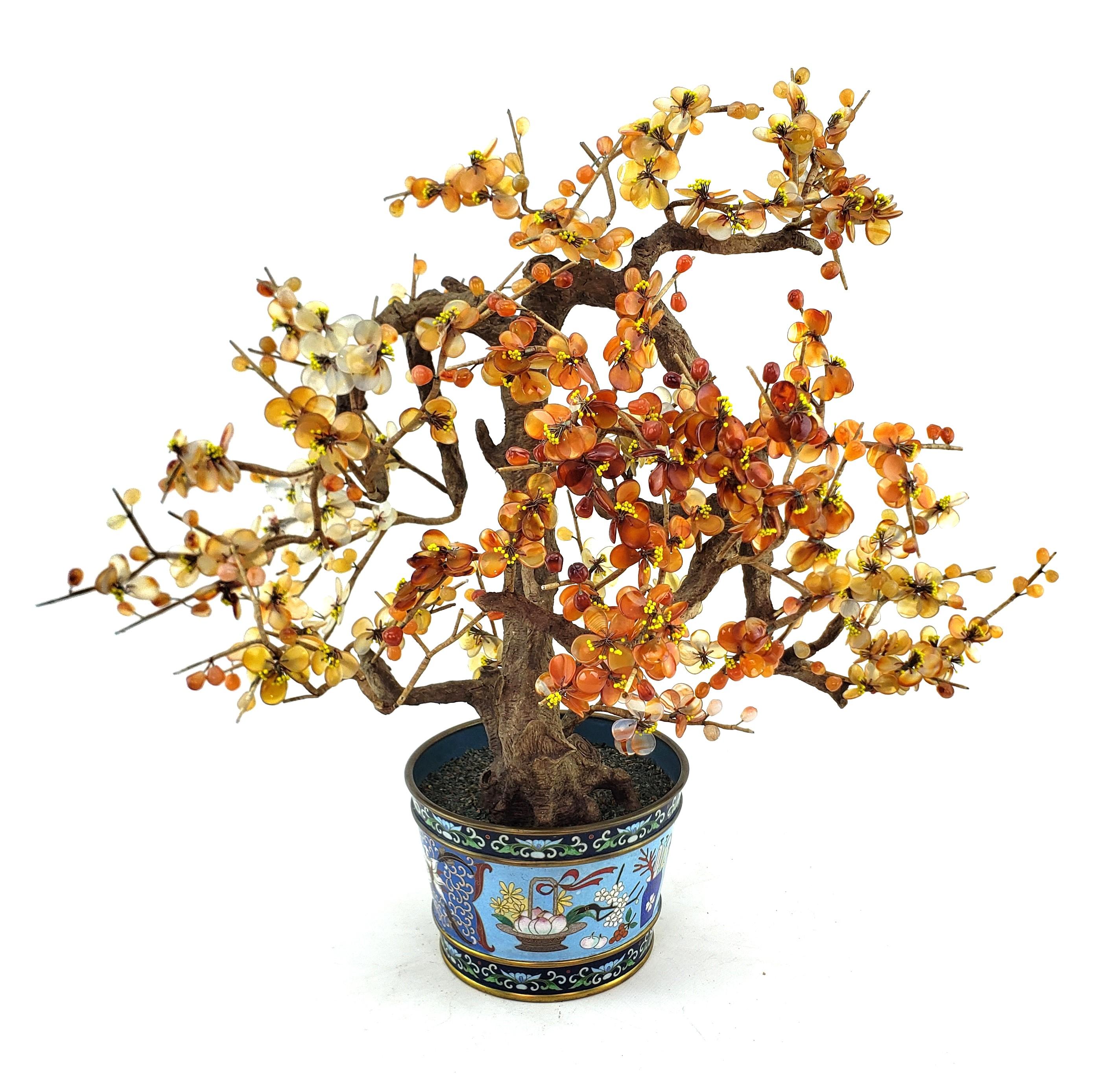Chinese Export Antique Chinese Bonzai Styled Flowering Fruit Tree Sculpture with Cloisonne Pot For Sale