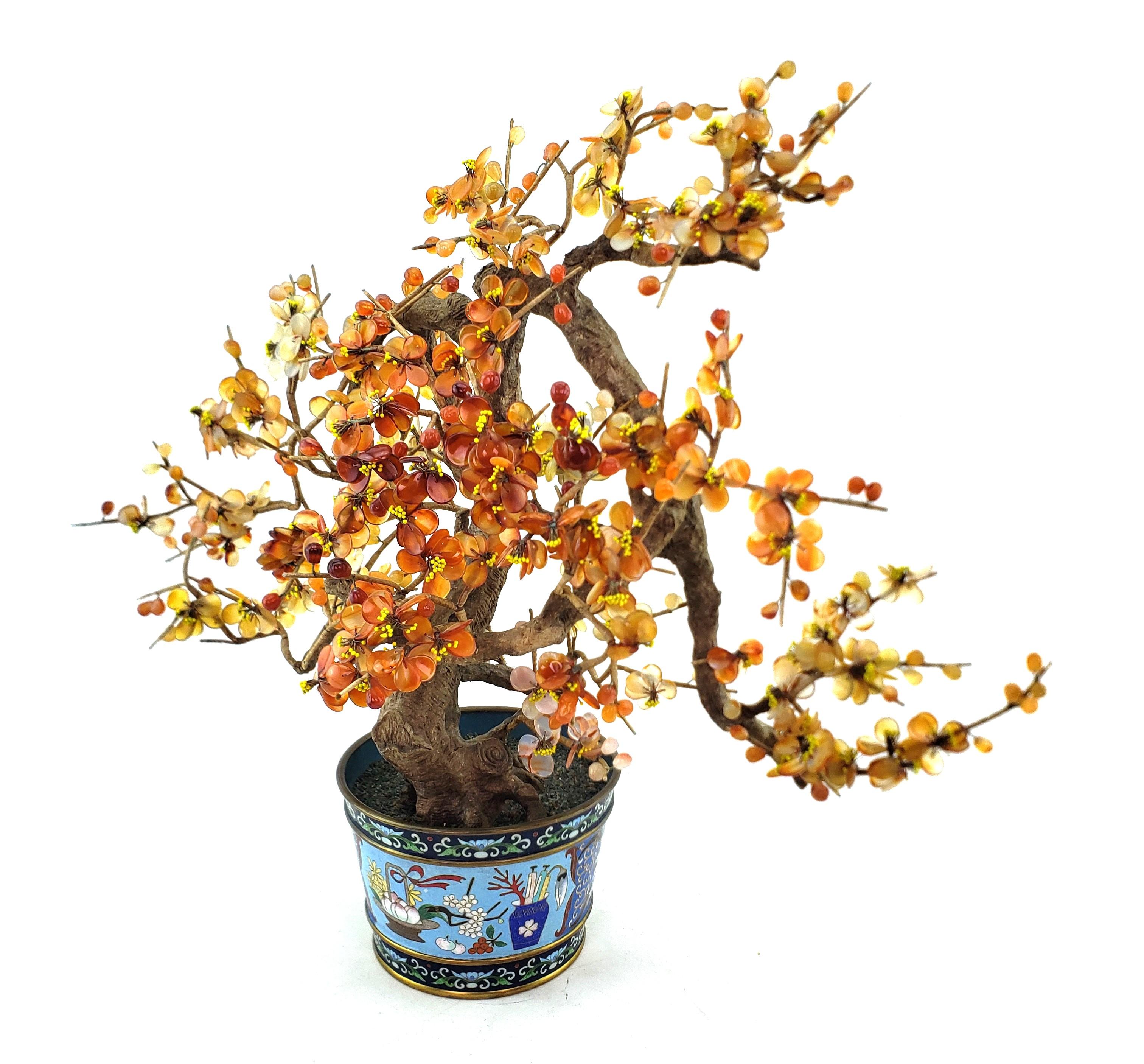 Hand-Crafted Antique Chinese Bonzai Styled Flowering Fruit Tree Sculpture with Cloisonne Pot For Sale