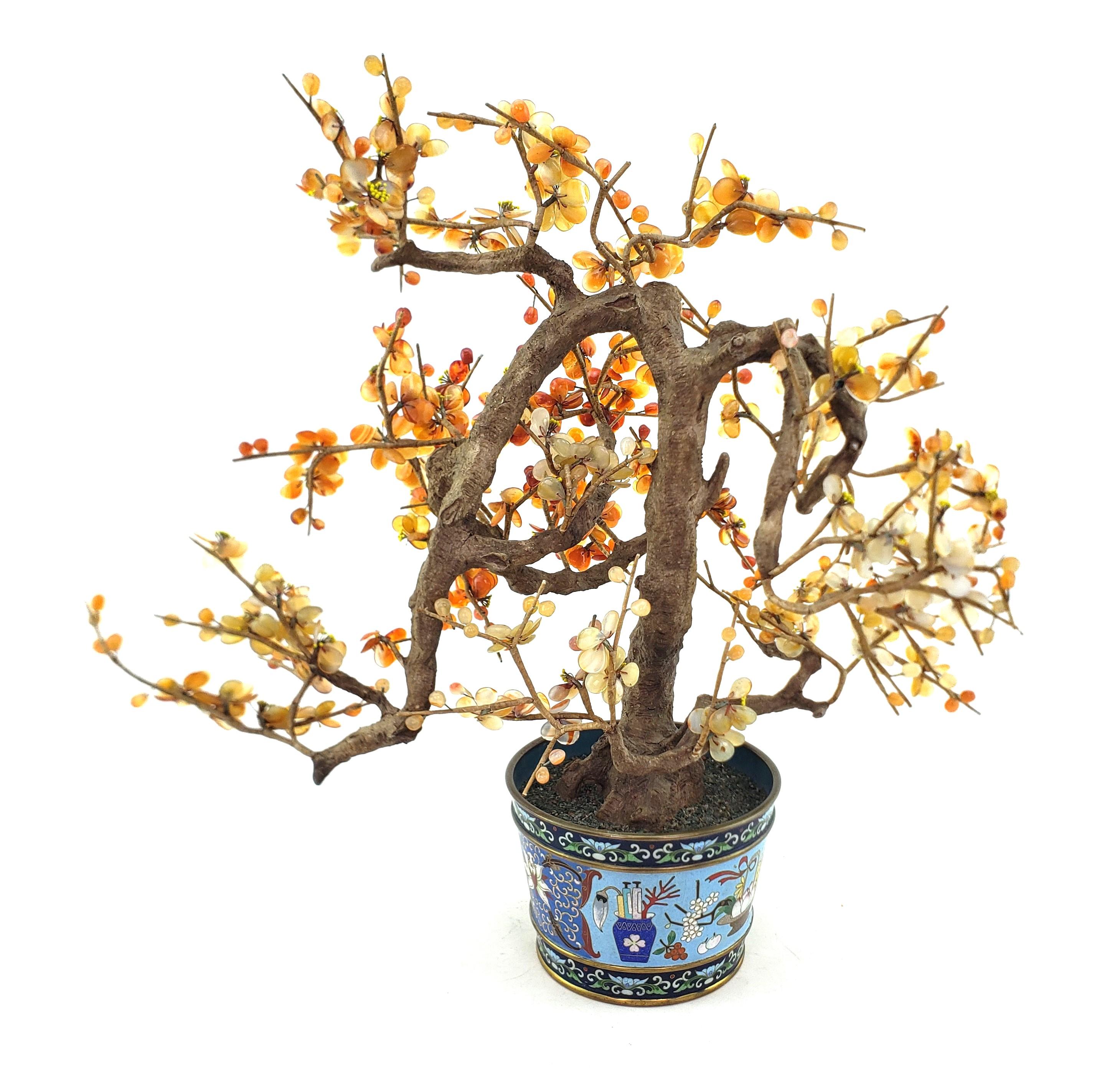 Metal Antique Chinese Bonzai Styled Flowering Fruit Tree Sculpture with Cloisonne Pot For Sale