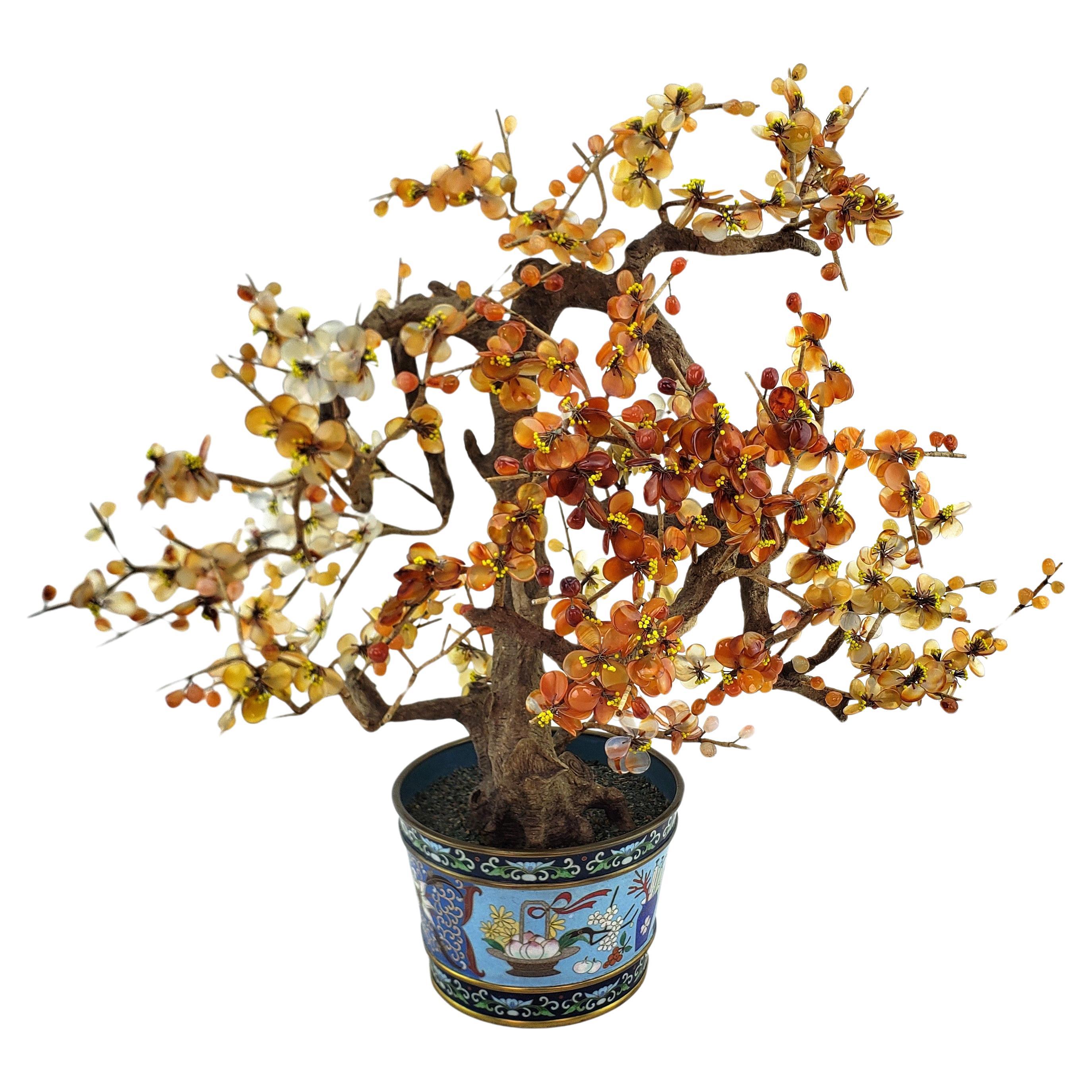 Antique Chinese Bonzai Styled Flowering Fruit Tree Sculpture with Cloisonne Pot