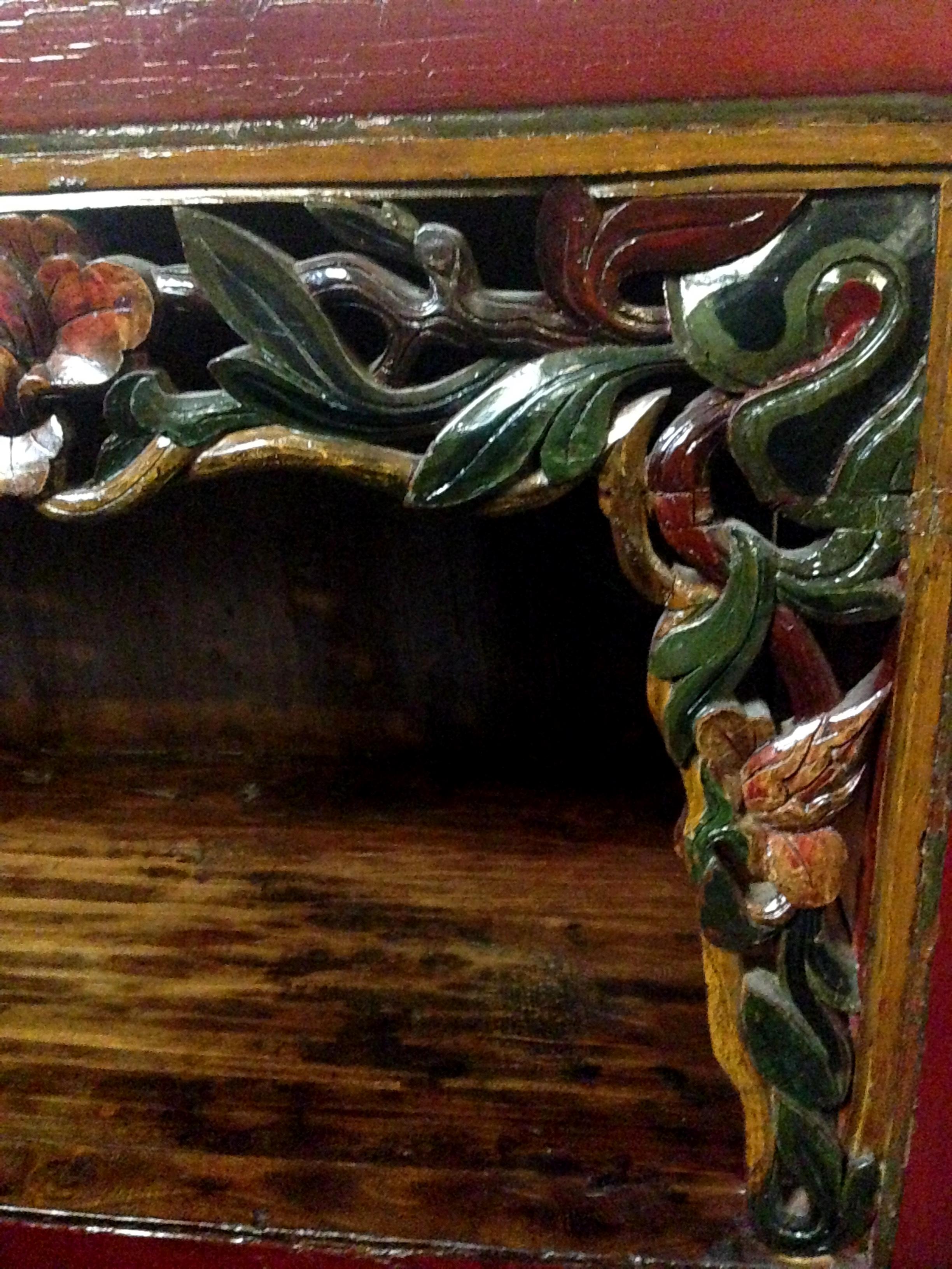 Antique Chinese Scholar's Bookcase Carved Red Sideboard For Sale 5