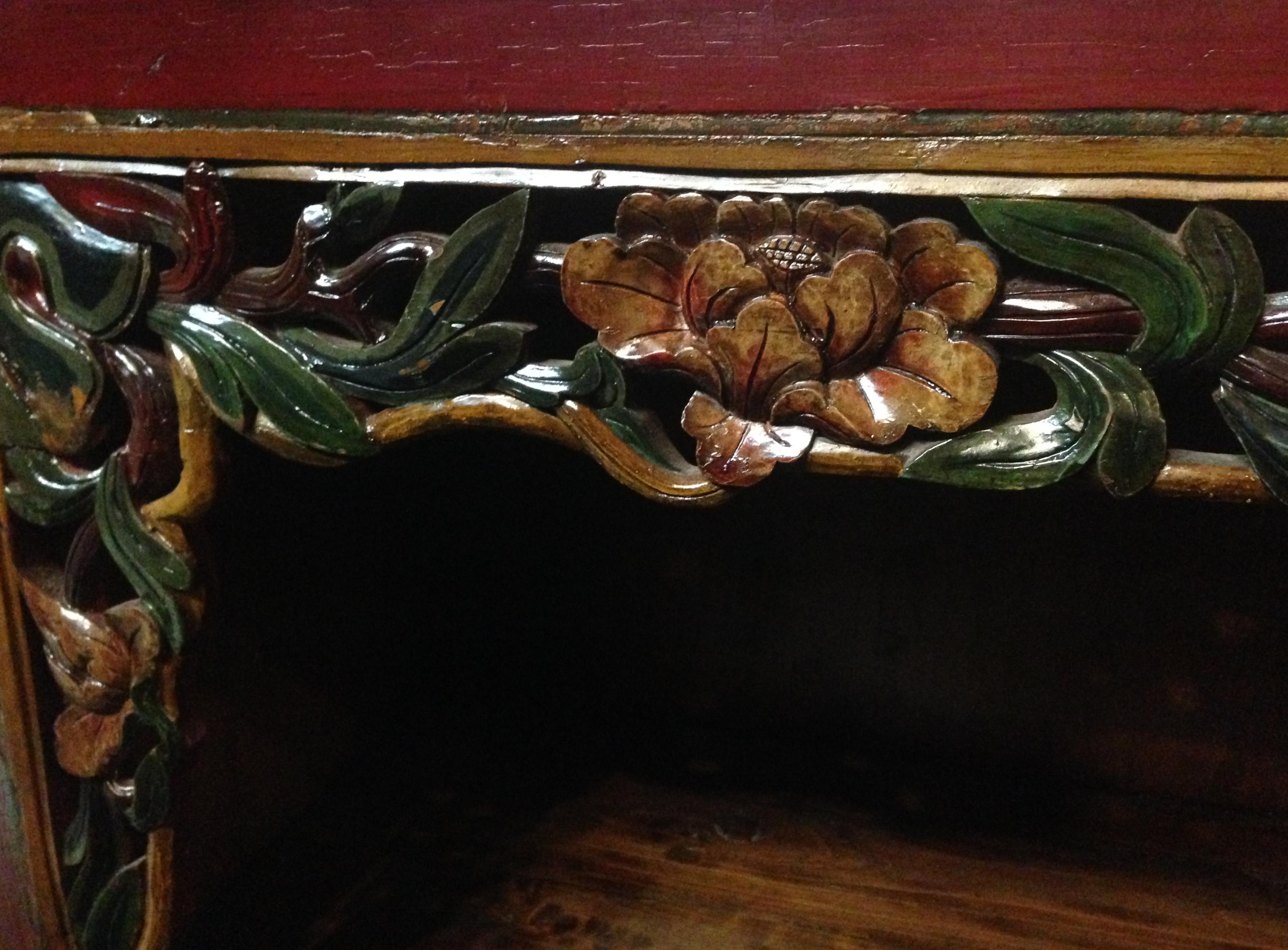 Antique Chinese Scholar's Bookcase Carved Red Sideboard For Sale 8